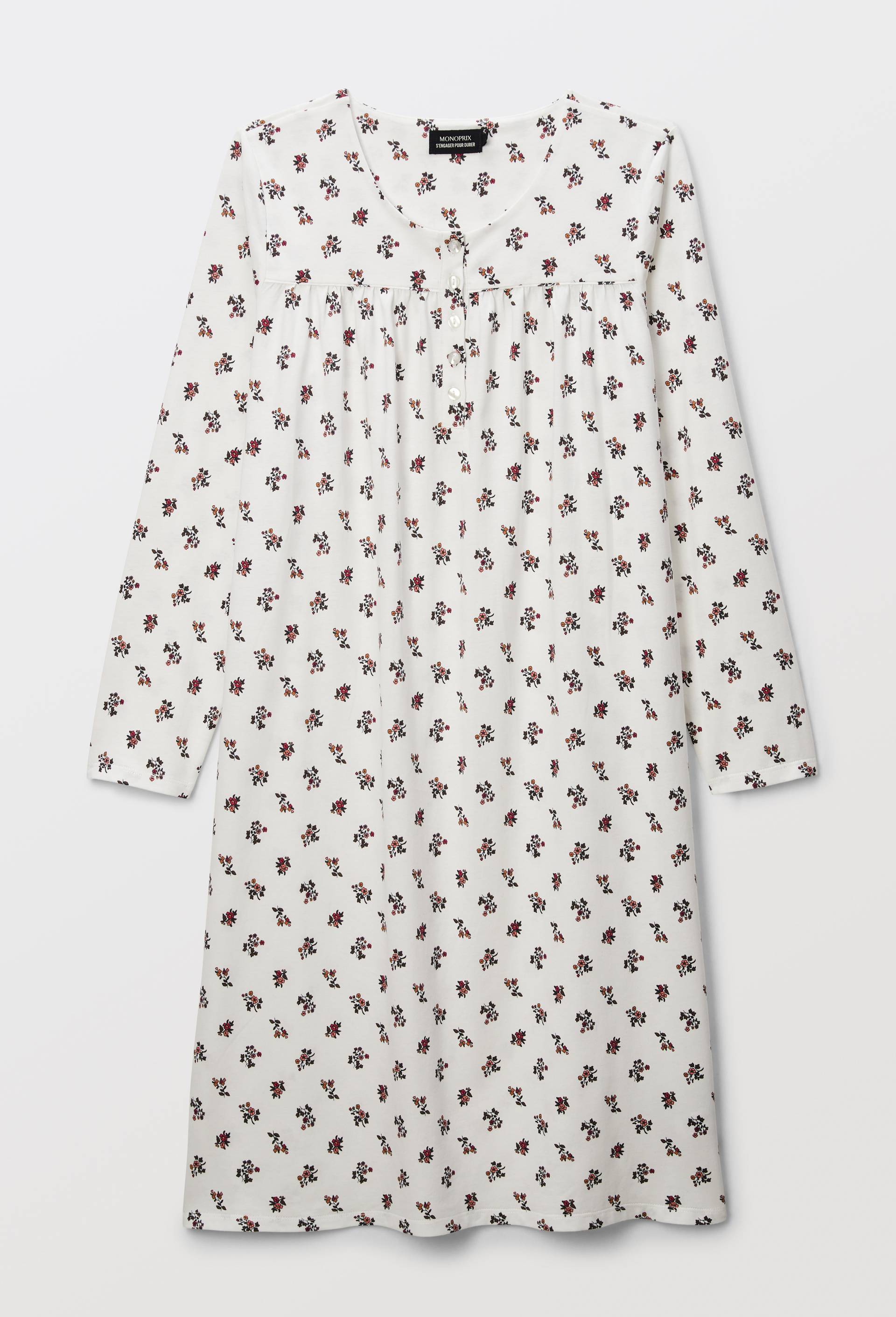 Chemise de nuit manches longues imprim&eacute;e en coton BIO GOTS, Ecru, large image number 2.0