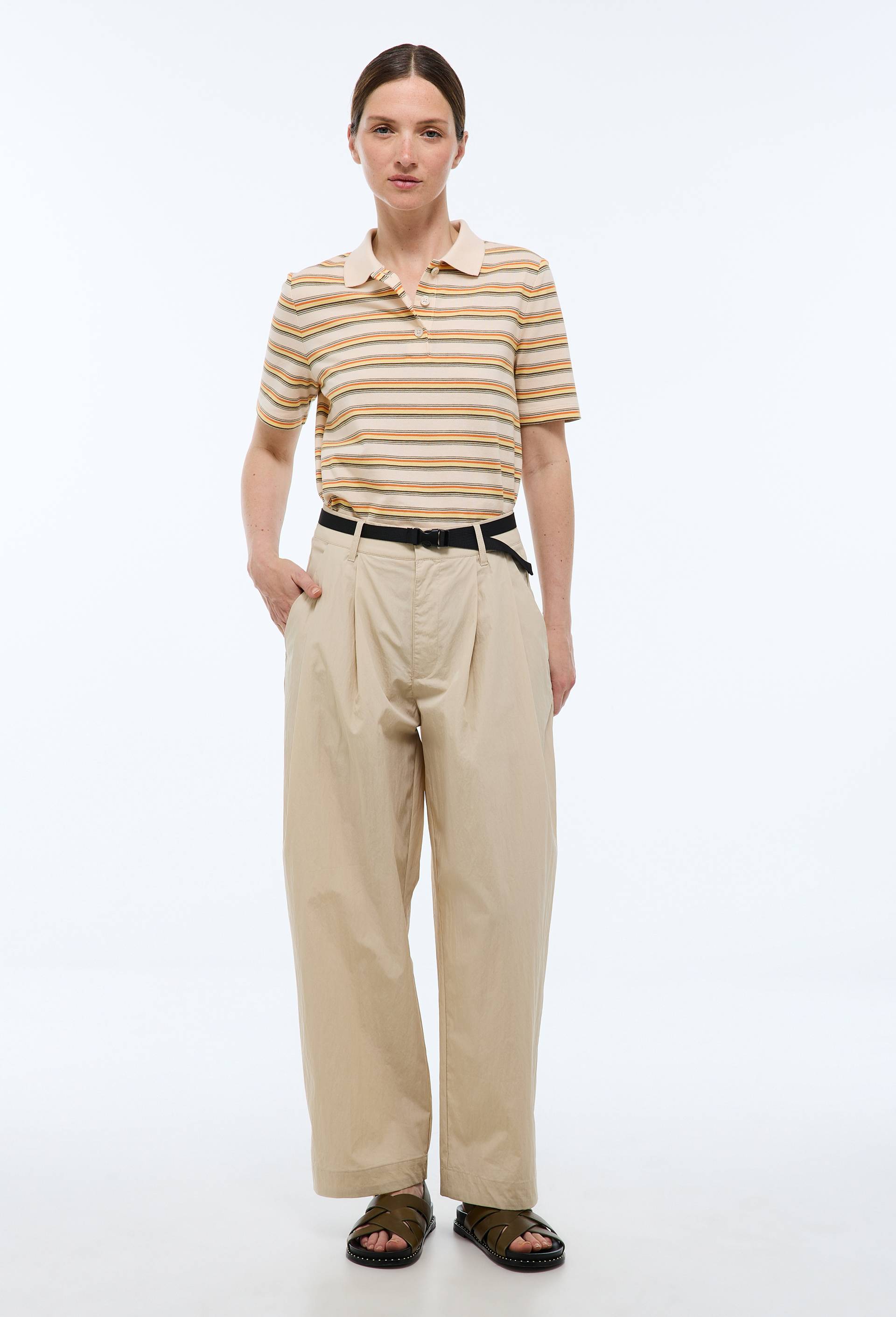 Pantalon carotte ceintur&eacute; en coton, Ecru, large image number 0