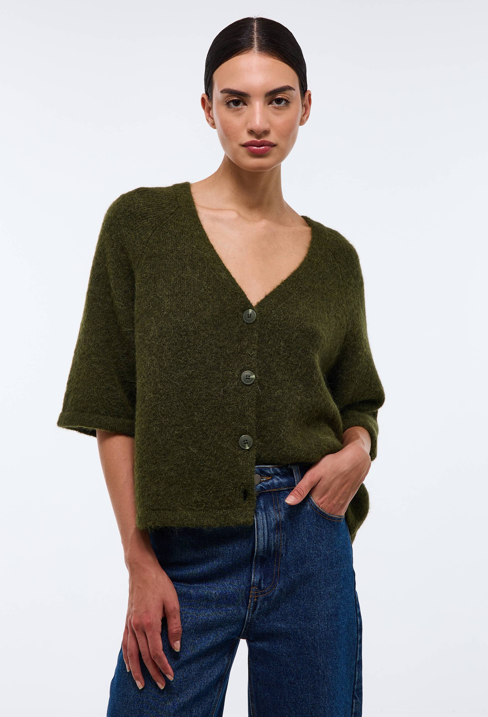 Cardigan manches coudes boutonn&eacute; contenant de l'alpaga, Vert fonc&eacute;, large image number 0