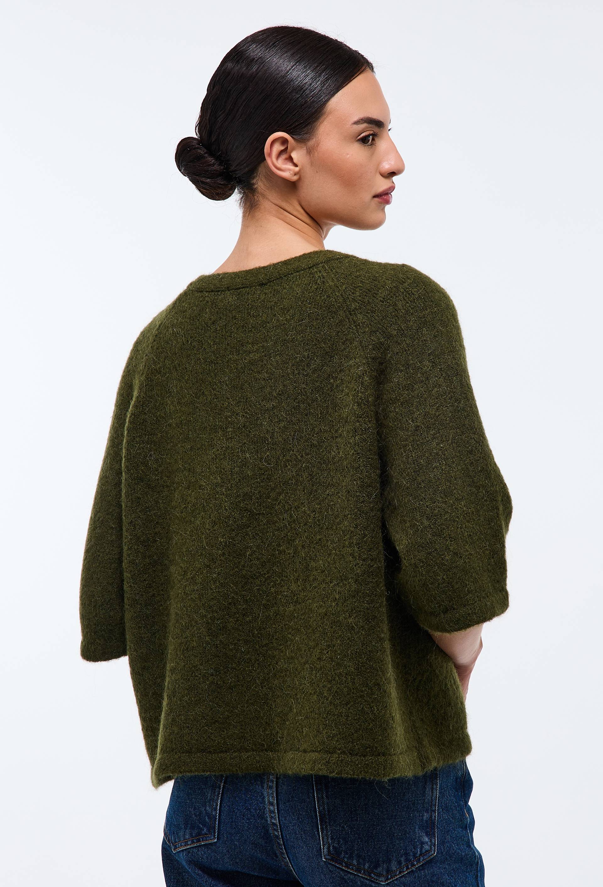 Cardigan manches coudes boutonn&eacute; contenant de l'alpaga, Vert fonc&eacute;, large image number 1