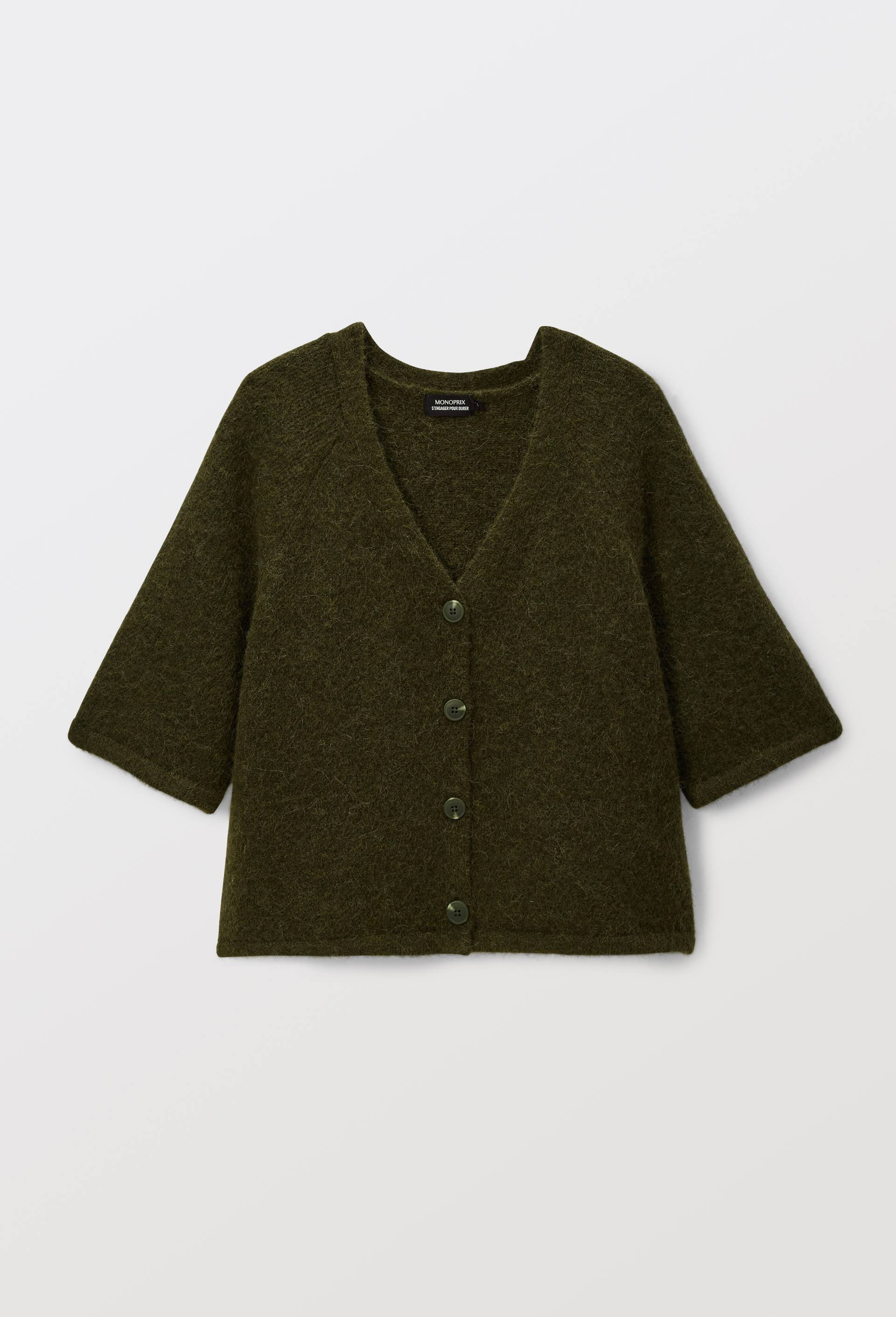 Cardigan manches coudes boutonn&eacute; contenant de l'alpaga, Vert fonc&eacute;, large image number 2