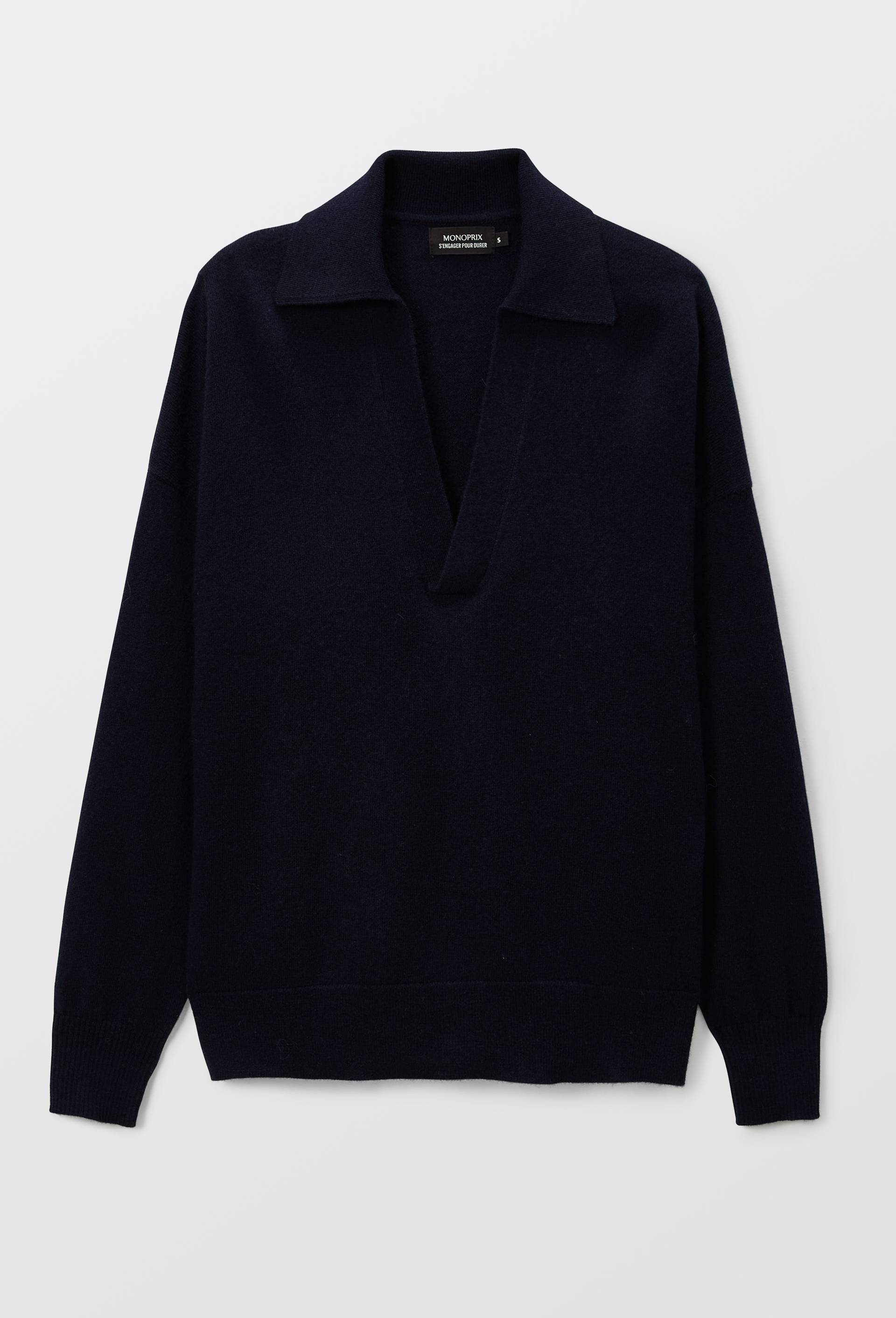 Pull col polo uni contenant de la laine et du cachemire, Bleu fonc&eacute;, large image number 2.0