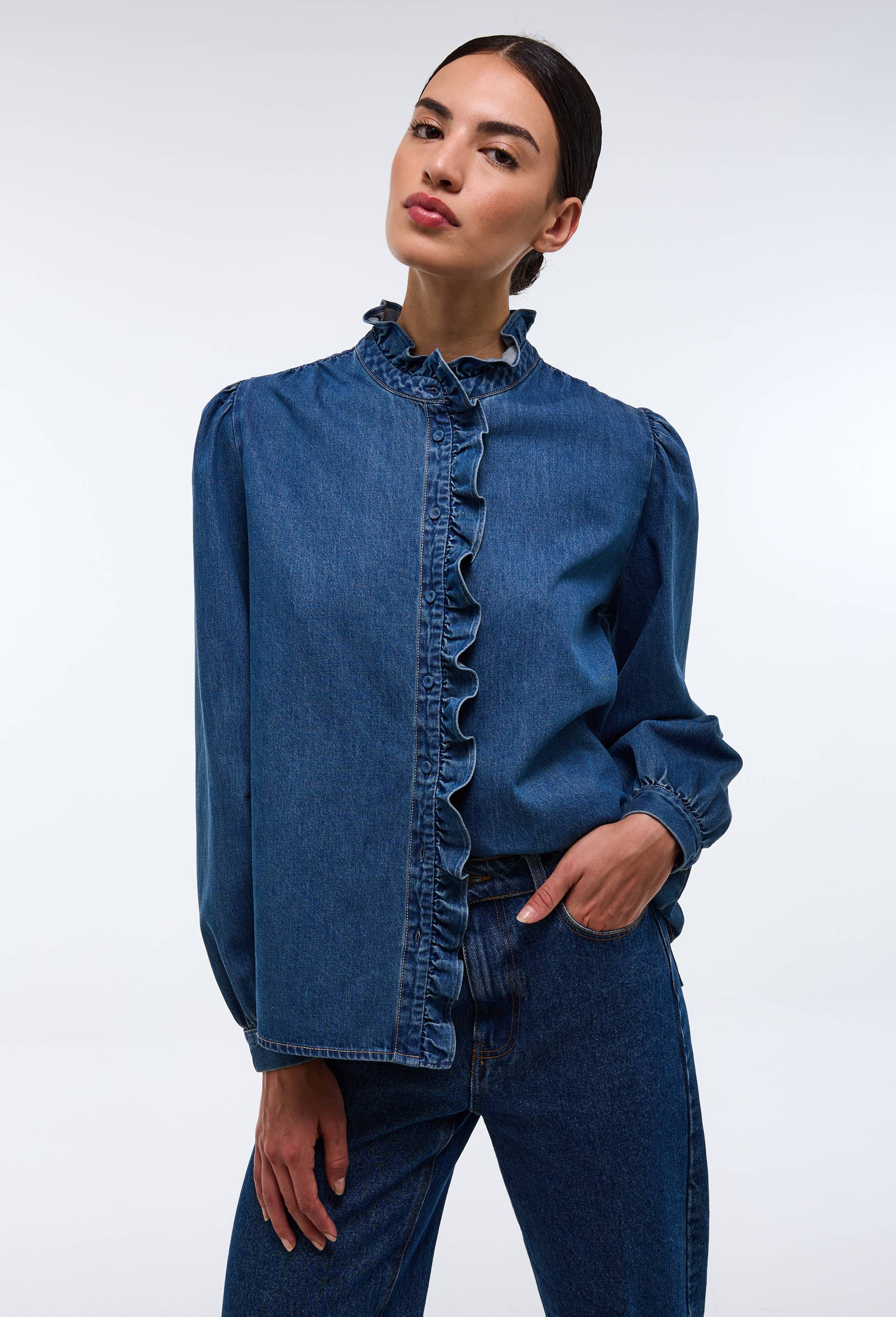 Blouse manches longues unie en denim en coton BIO GOTS, Bleu fonc&eacute;, large image number 1