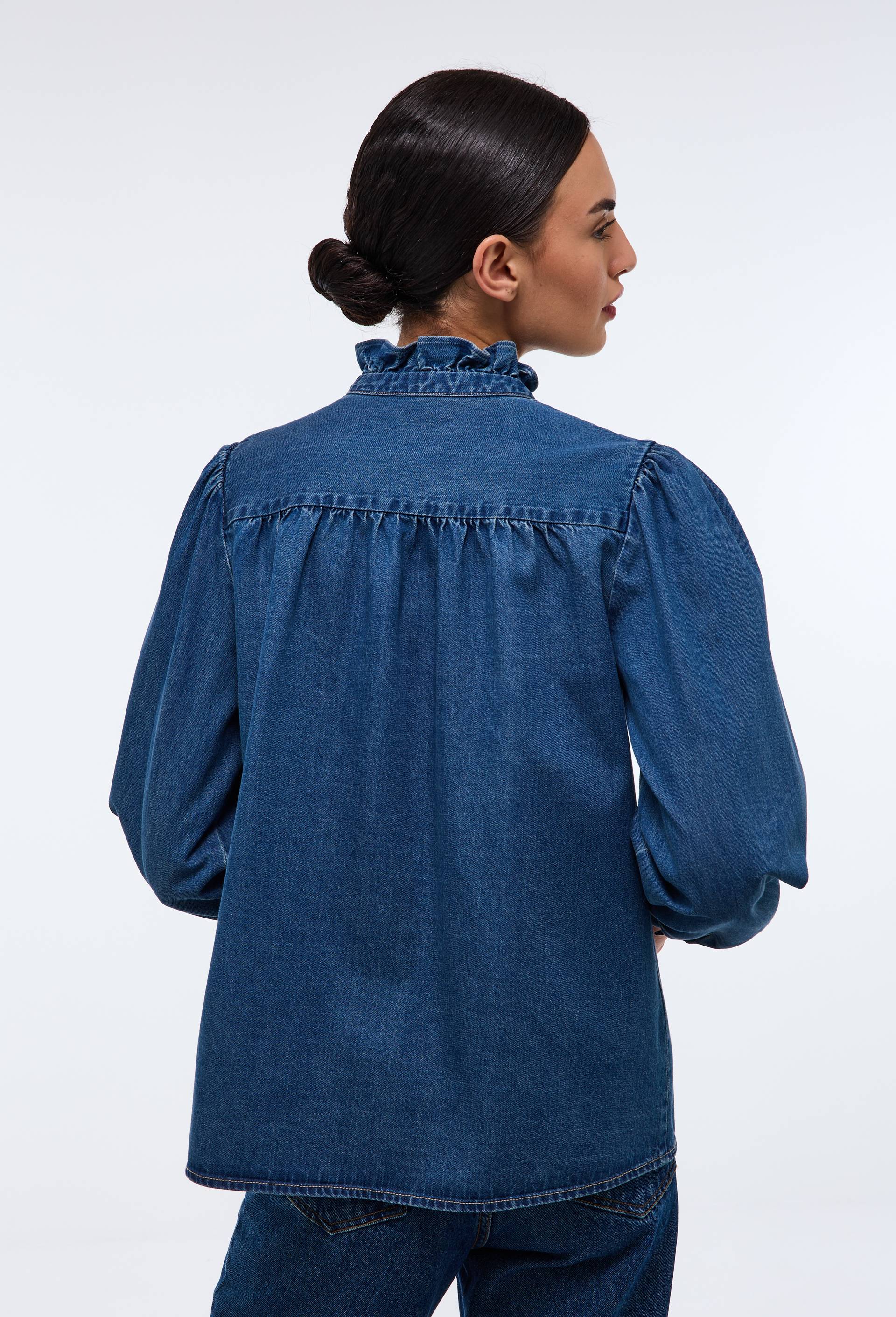 Blouse manches longues unie en denim en coton BIO GOTS, Bleu fonc&eacute;, large image number 2.0