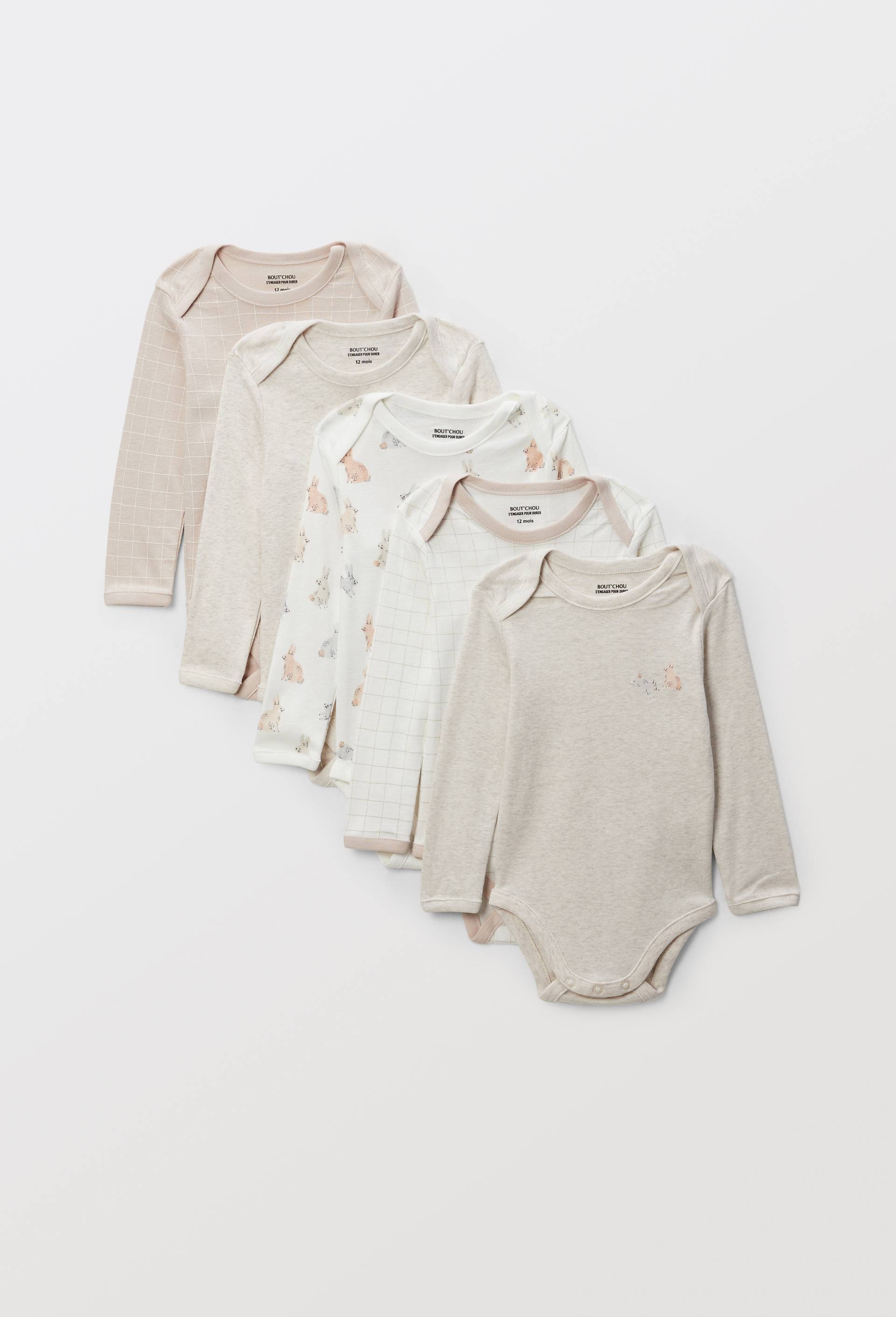 Lot de 5 bodies manches longues imprim&eacute; en coton BIO GOTS, Ecru, large image number 0