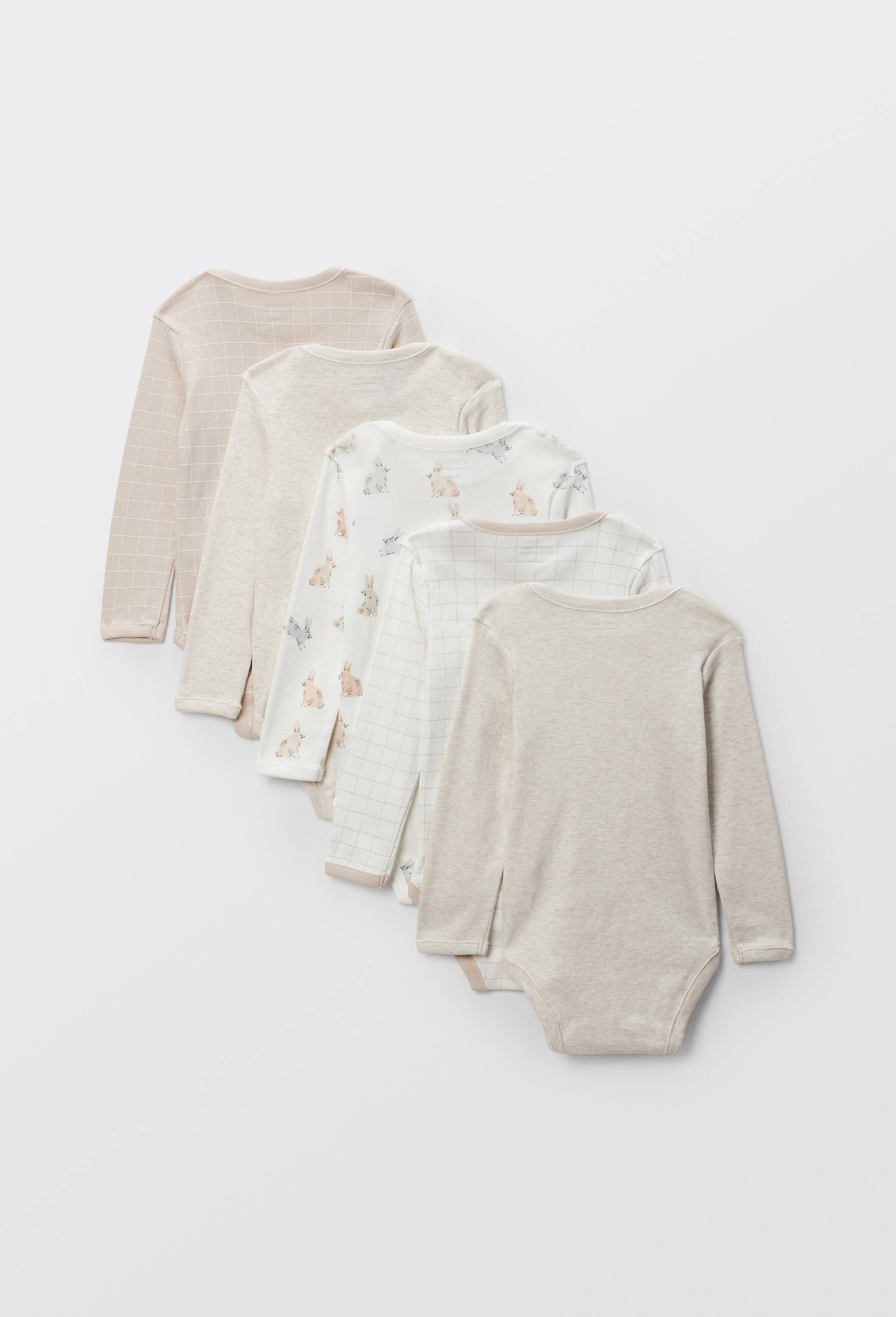 Lot de 5 bodies manches longues imprim&eacute; en coton BIO GOTS, Ecru, large image number 1.0