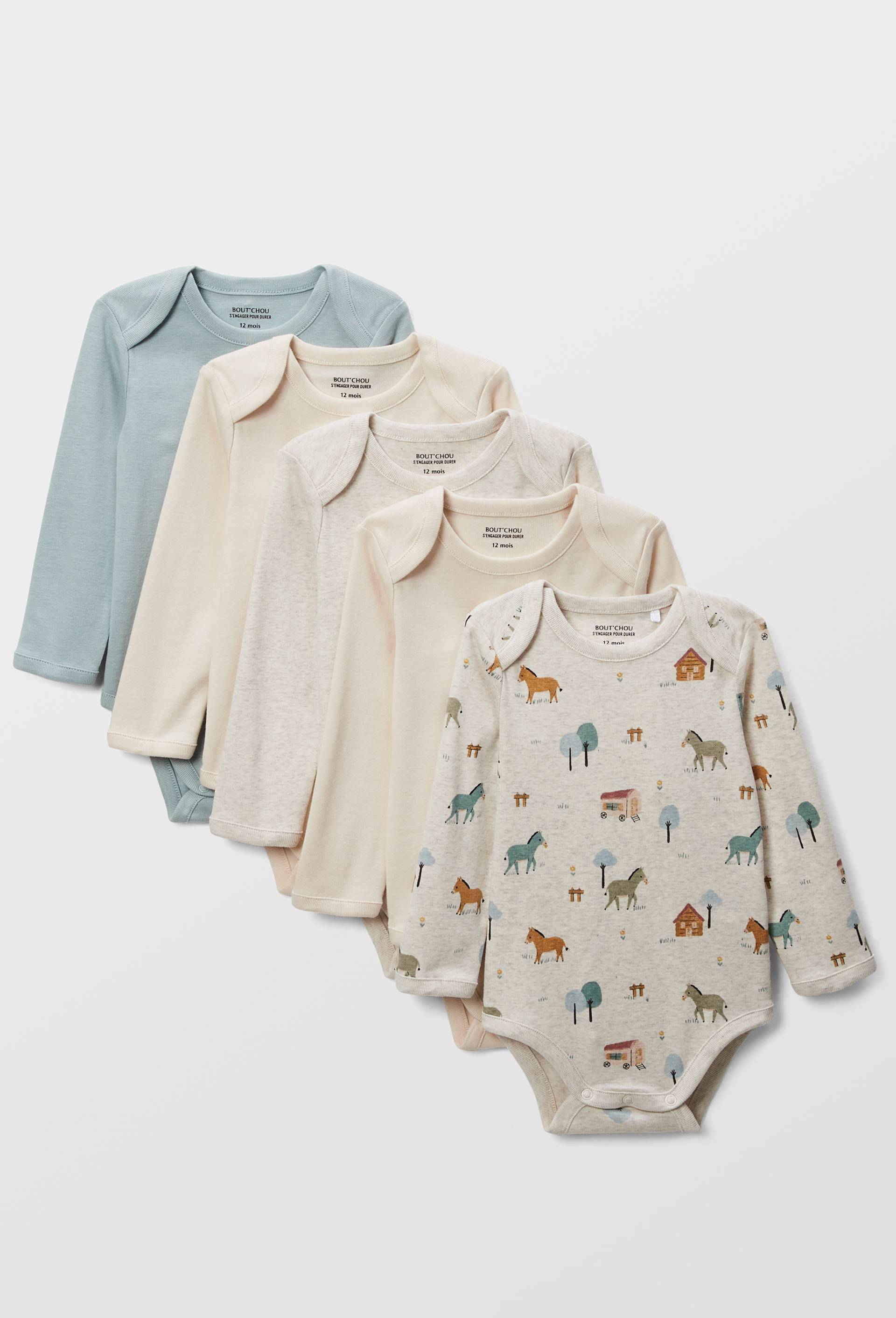 Lot de 5 bodies manches longues imprim&eacute; en coton BIO GOTS, Ecru, large image number 0.0