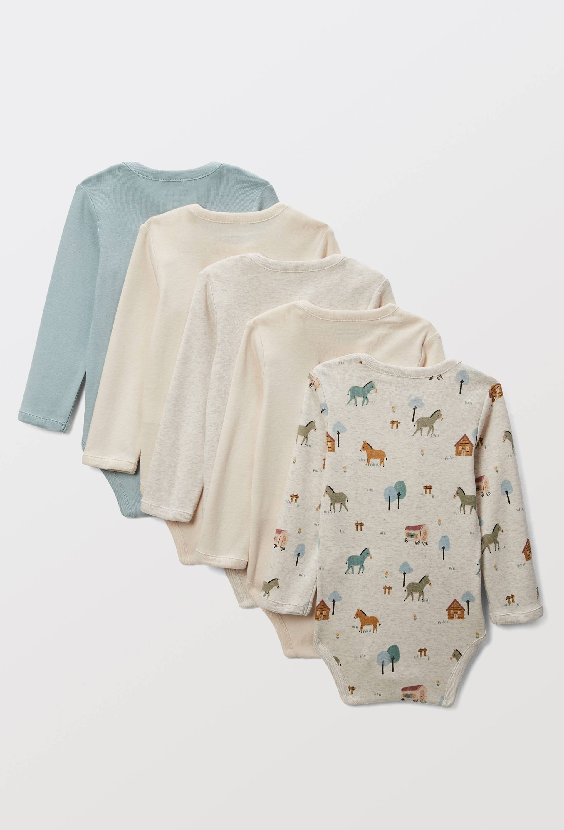 Lot de 5 bodies manches longues imprim&eacute; en coton BIO GOTS, Ecru, large image number 1.0