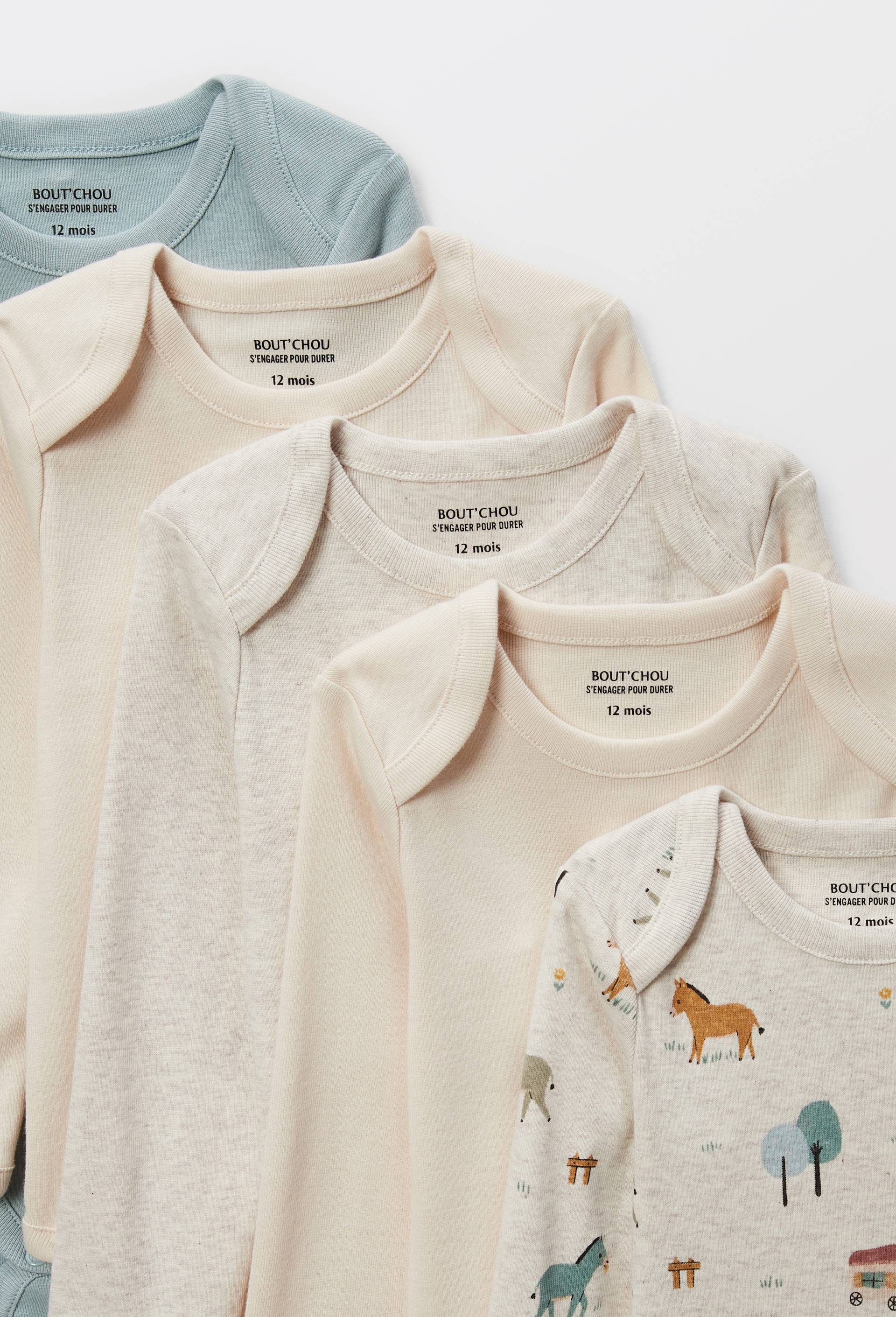 Lot de 5 bodies manches longues imprim&eacute; en coton BIO GOTS, Ecru, large image number 2