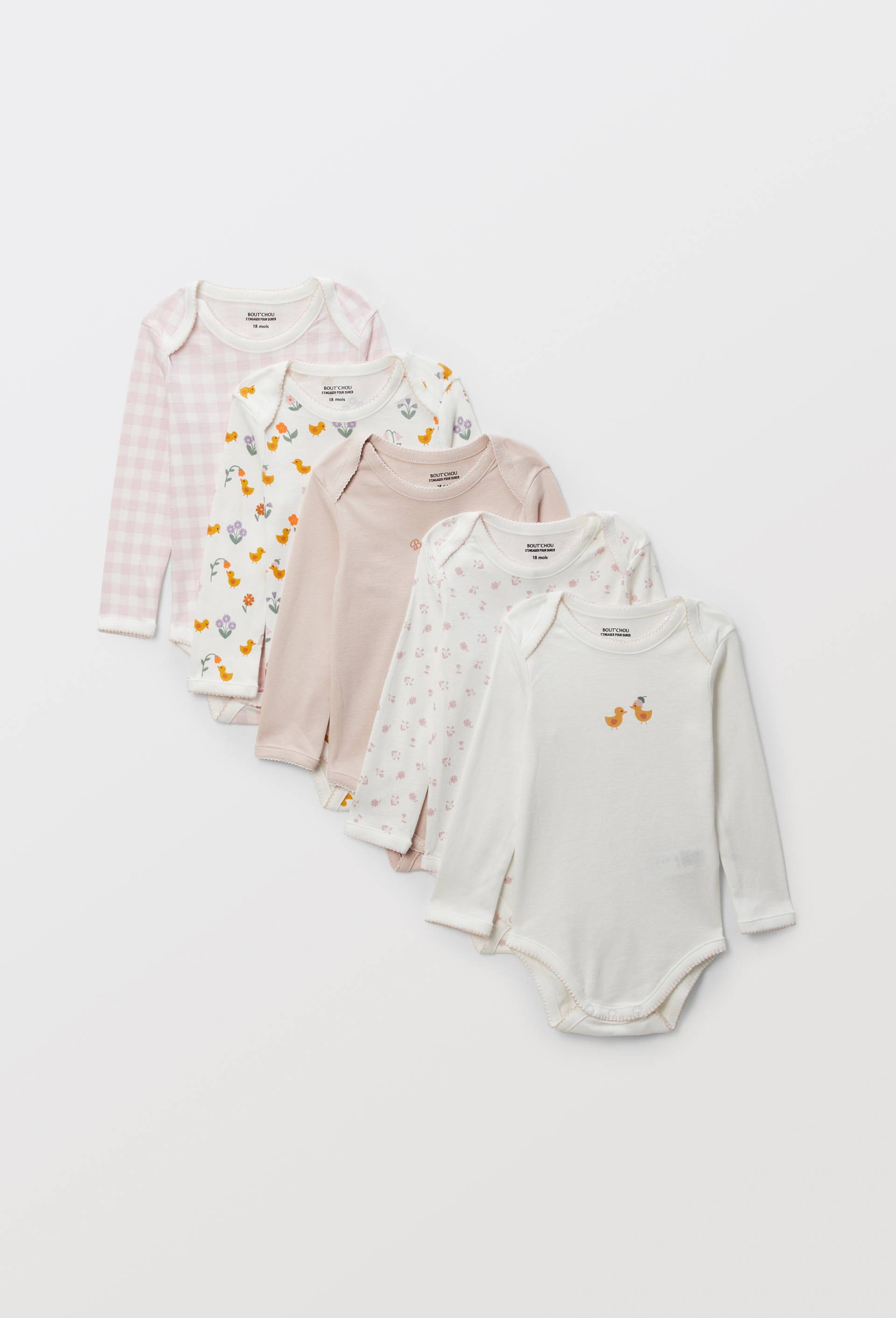 Lot de 5 bodies manches longues imprim&eacute; en coton BIO GOTS, Rose clair, large image number 0