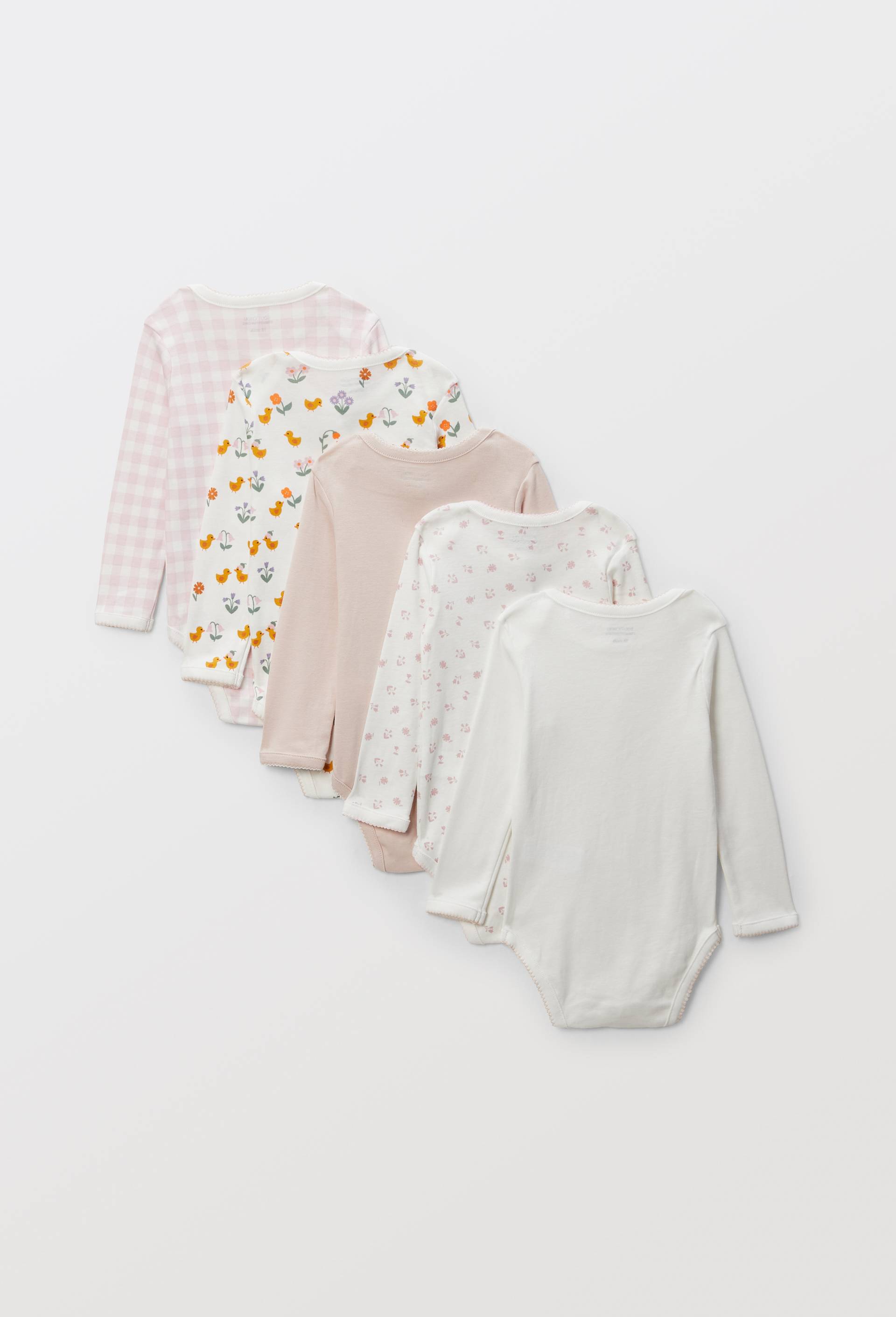 Lot de 5 bodies manches longues imprim&eacute; en coton BIO GOTS, Rose clair, large image number 1