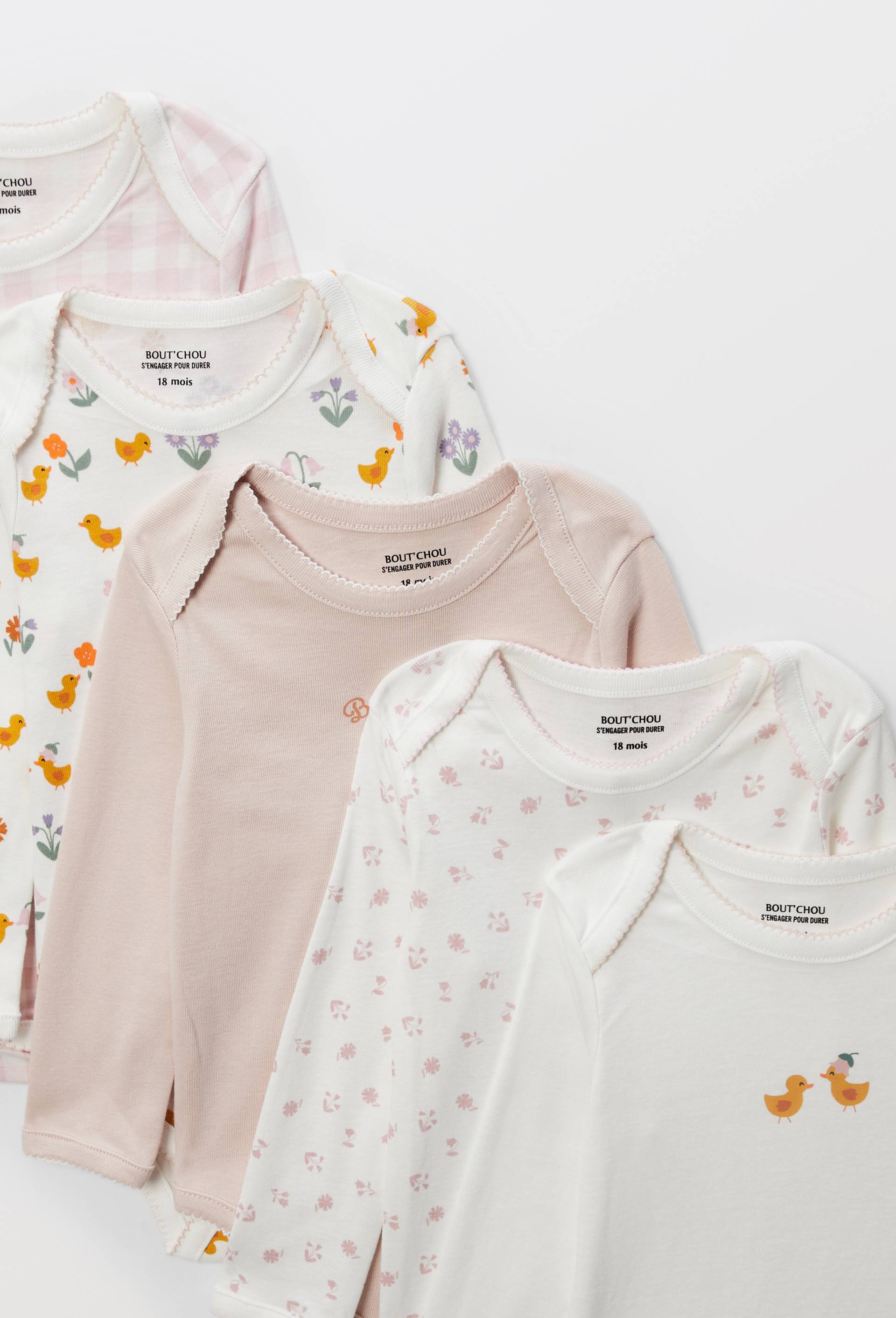 Lot de 5 bodies manches longues imprim&eacute; en coton BIO GOTS, Rose clair, large image number 2