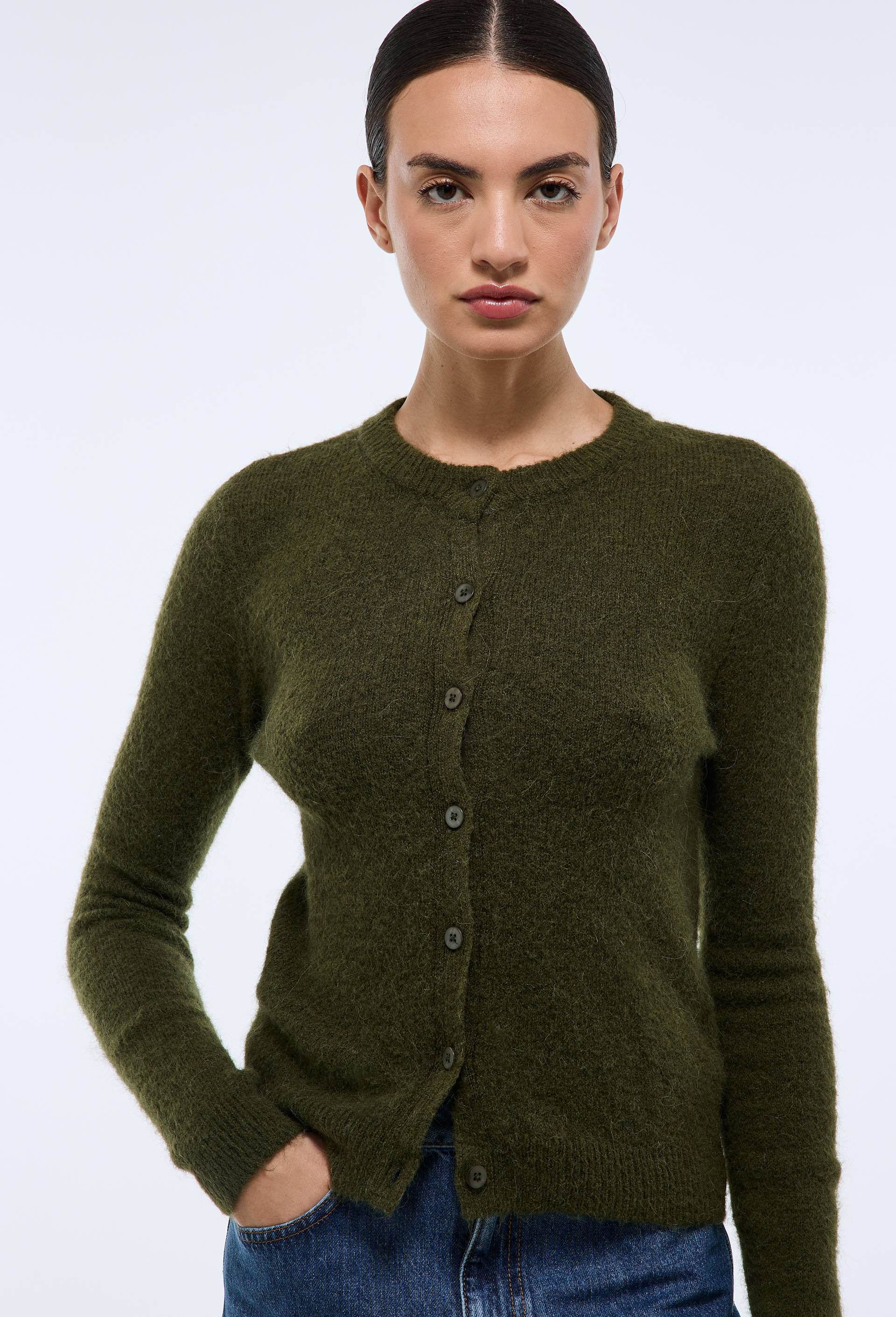 Cardigan col rond uni contenant de l'alpaga VERT FONCE pour femme MONOPRIX