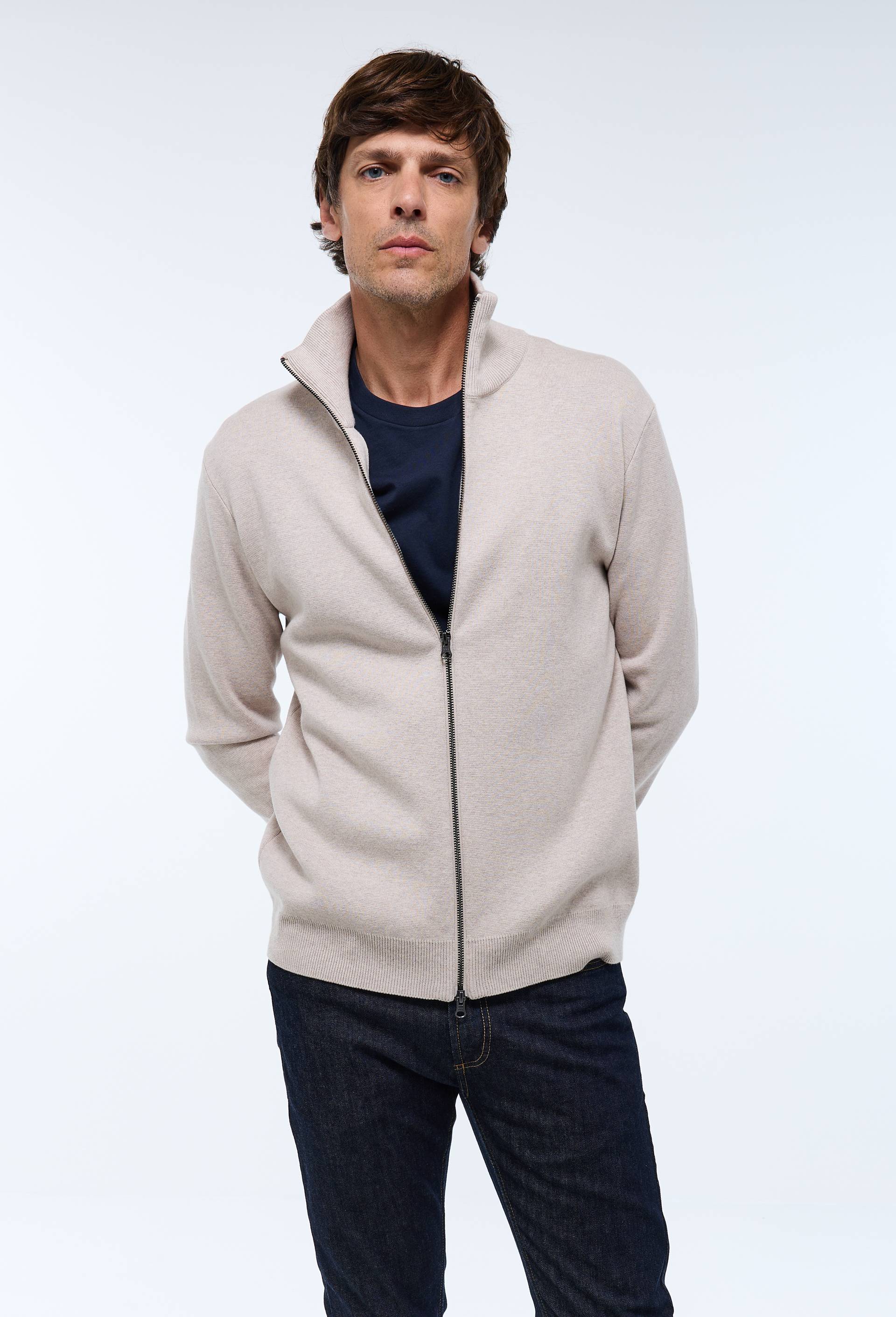 Gilet col montant zipp&eacute; en m&eacute;lange coton et cachemire, Beige clair, swatch image
