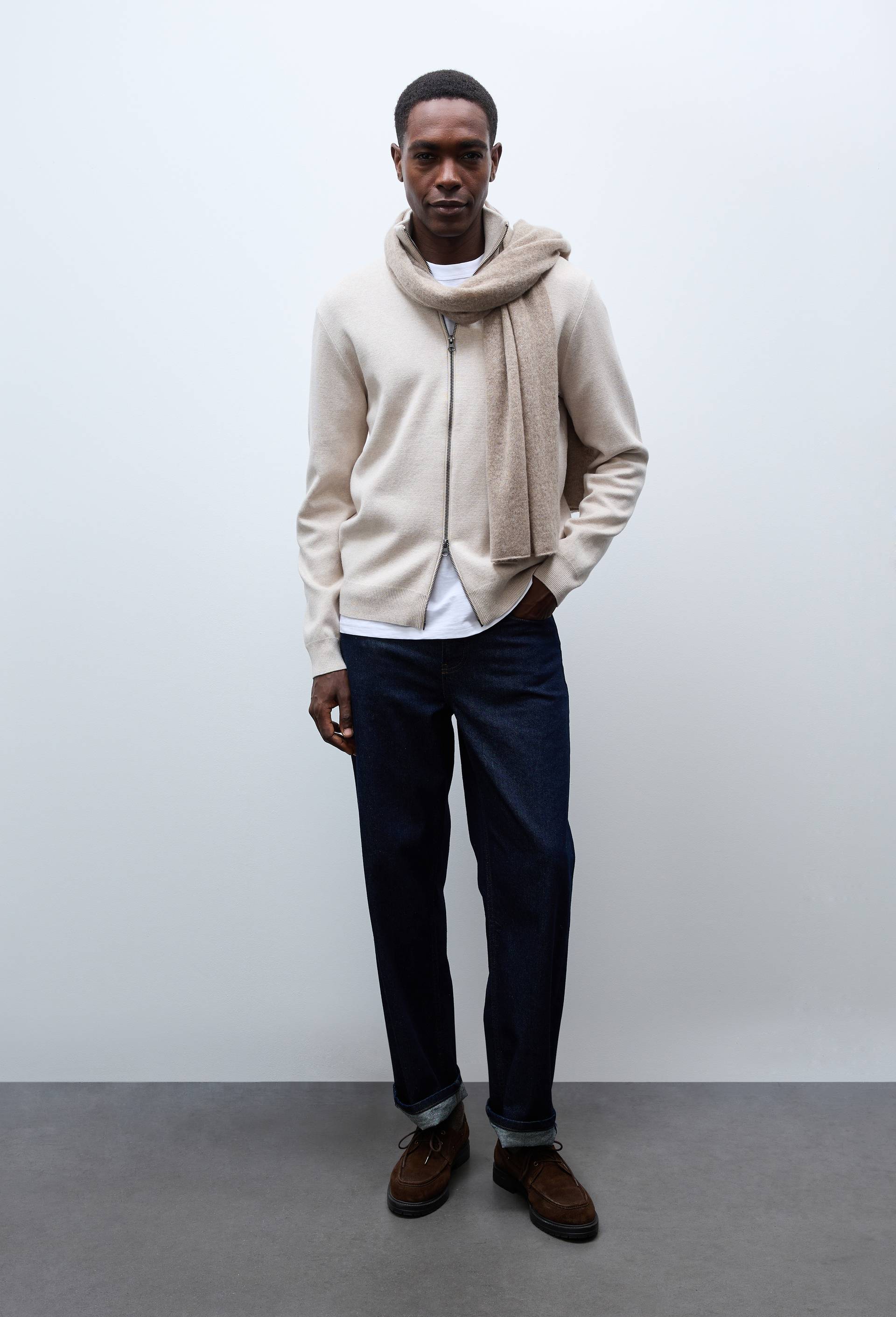 Gilet col montant zipp&eacute; en m&eacute;lange coton et cachemire, Beige clair, swatch image