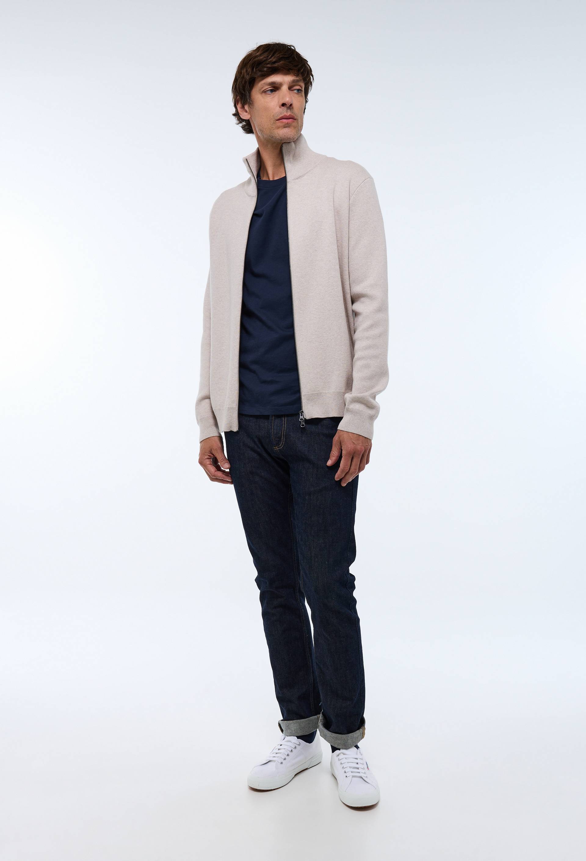 Gilet col montant zipp&eacute; en m&eacute;lange coton et cachemire, Beige clair, large image number 1.0