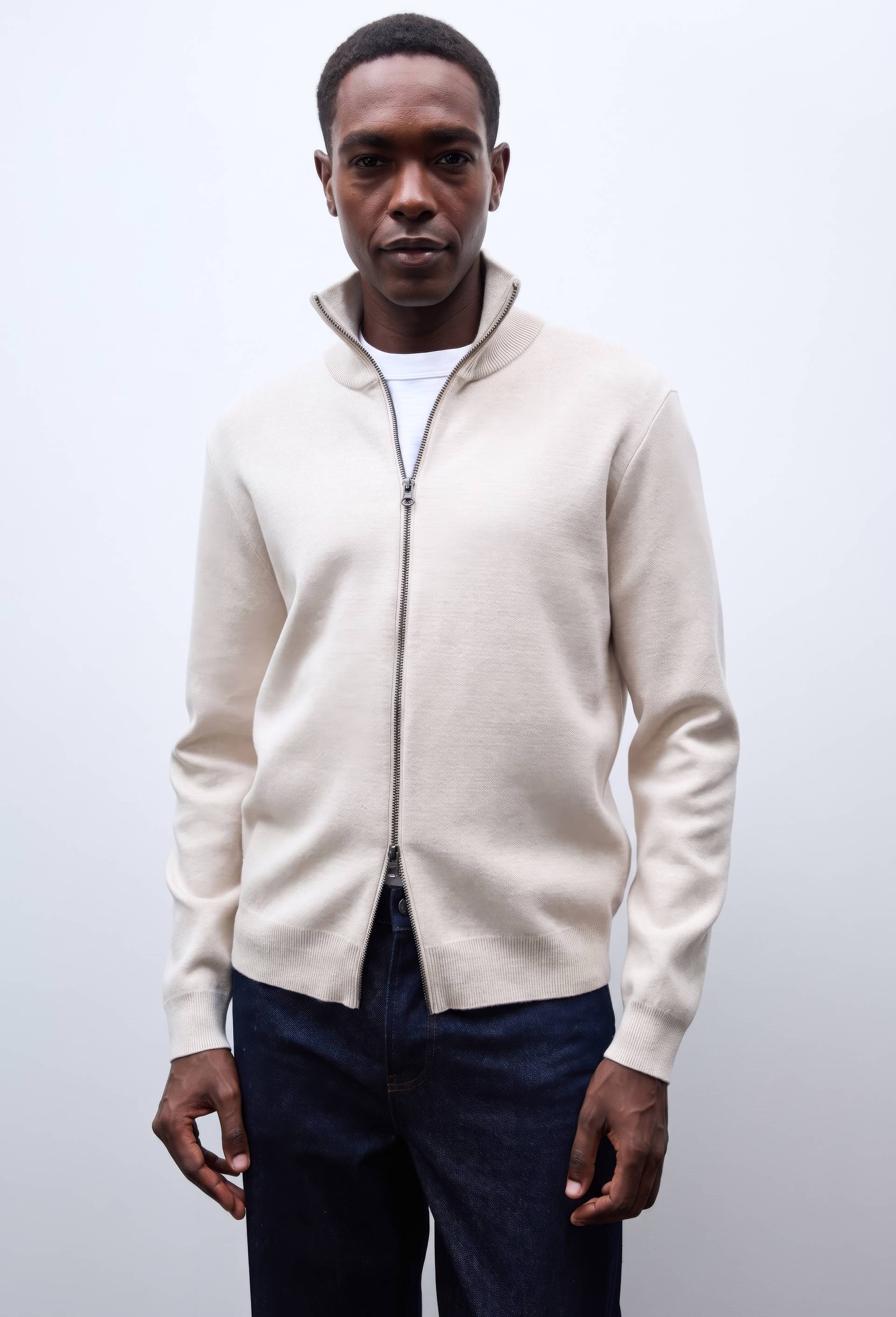 Gilet col montant zipp&eacute; en m&eacute;lange coton et cachemire, Beige clair, large image number 1