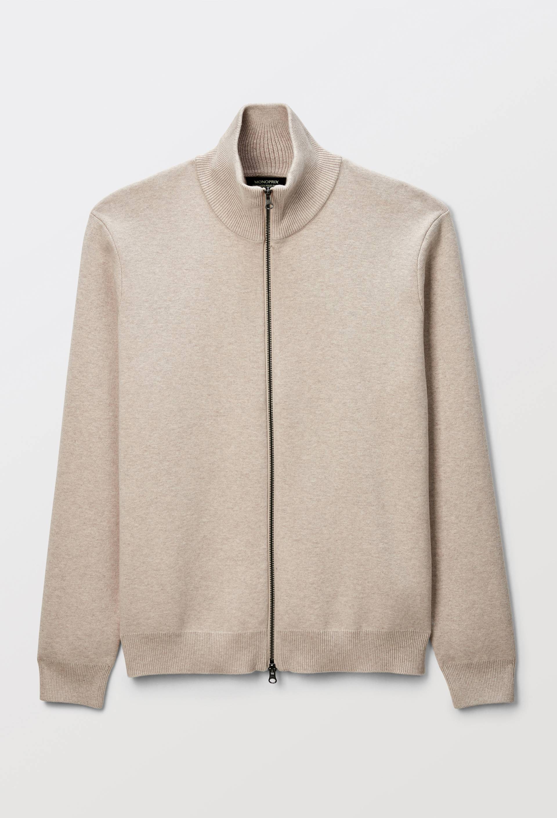 Gilet col montant zipp&eacute; en m&eacute;lange coton et cachemire, Beige clair, large image number 3