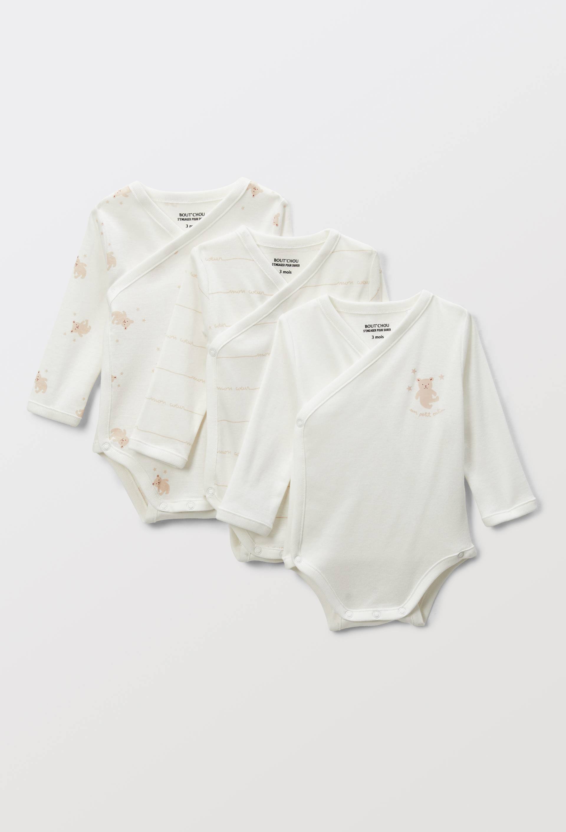 Lot de 3 bodies crois&eacute;s manches longues uni en coton BIO GOTS, Ecru, large image number 0.0