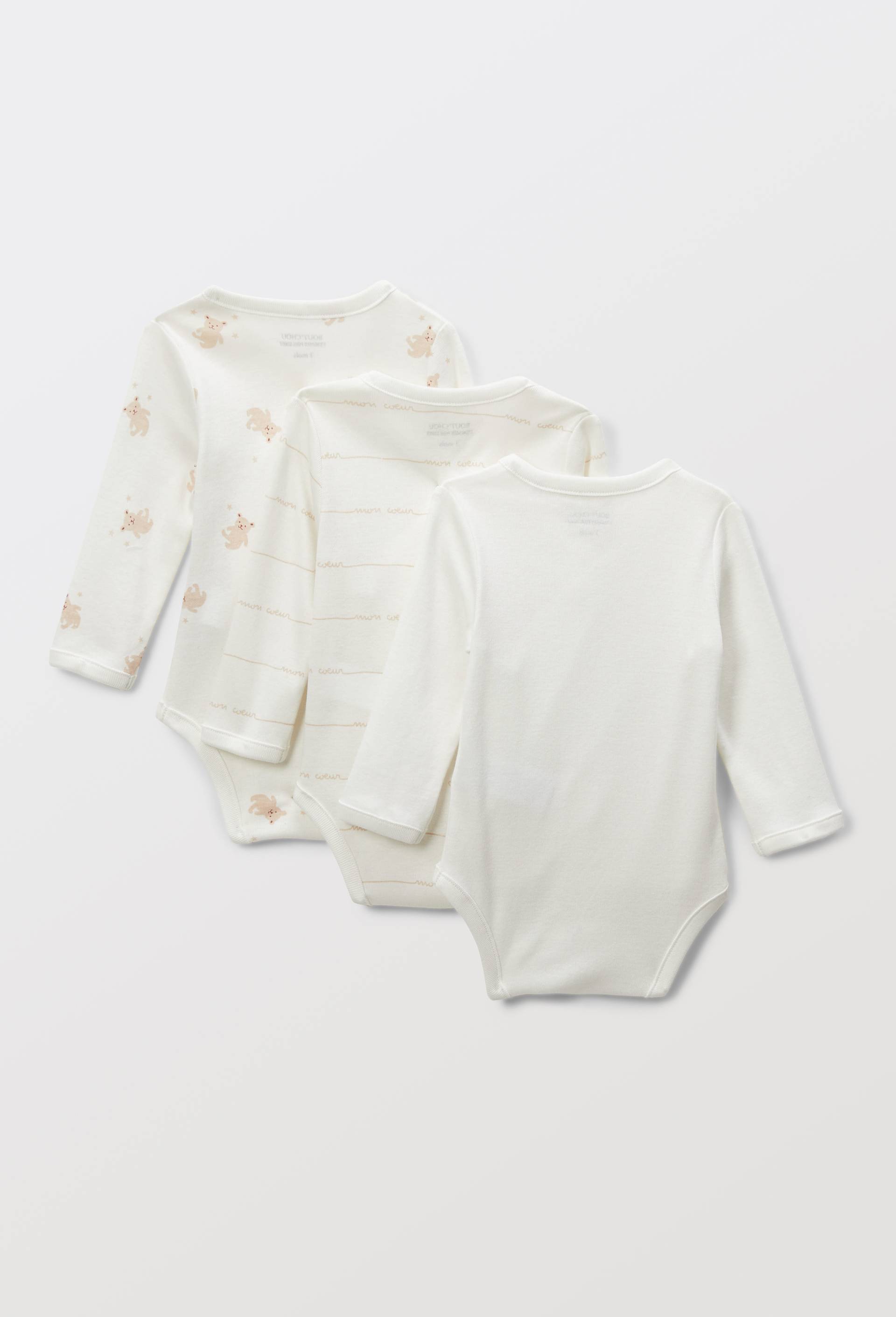 Lot de 3 bodies crois&eacute;s manches longues uni en coton BIO GOTS, Ecru, large image number 1