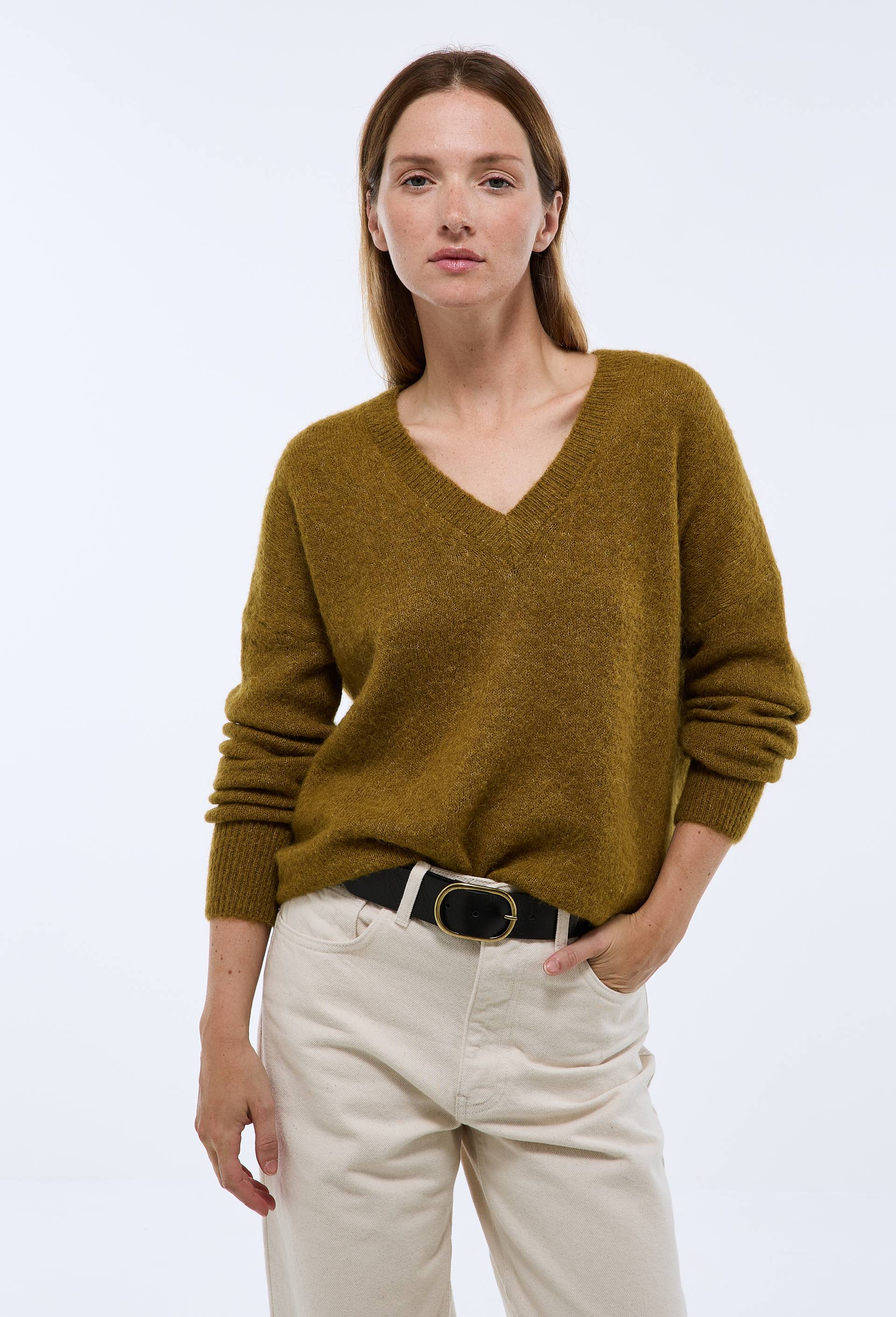 Pull col V uni contenant de l'alpaga - MONOPRIX - Modalova