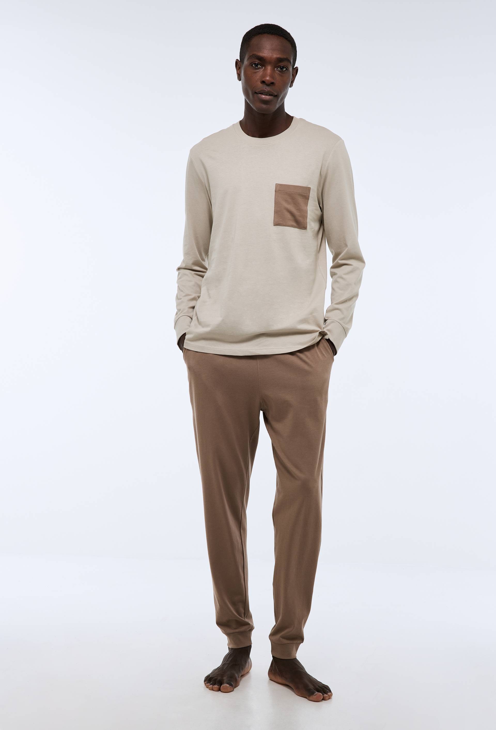 Pyjama T-shirt manches longues et pantalon en jersey de coton BIO GOTS, Brun clair, swatch image