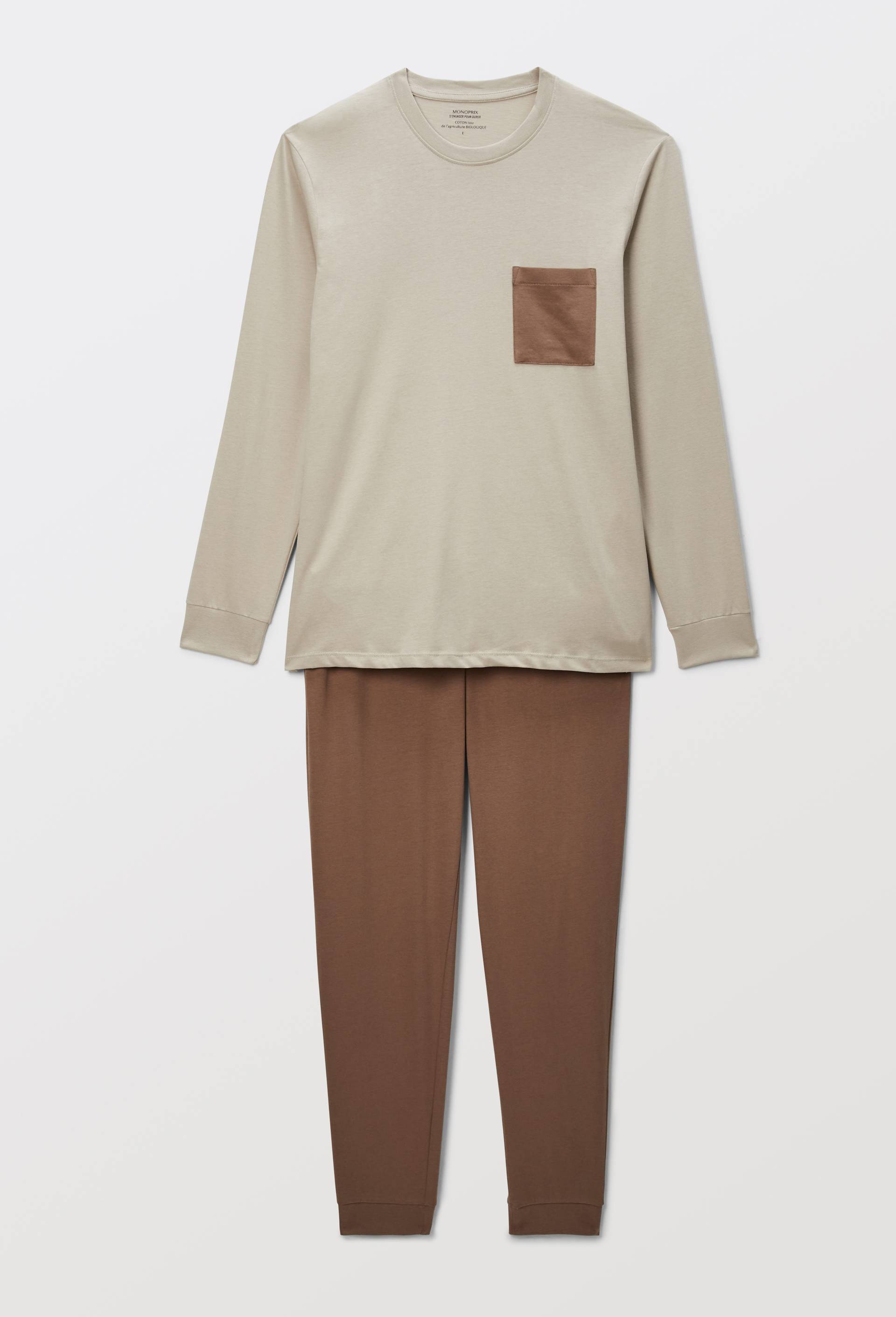 Pyjama T-shirt manches longues et pantalon en jersey de coton BIO GOTS, Brun clair, large image number 2.0