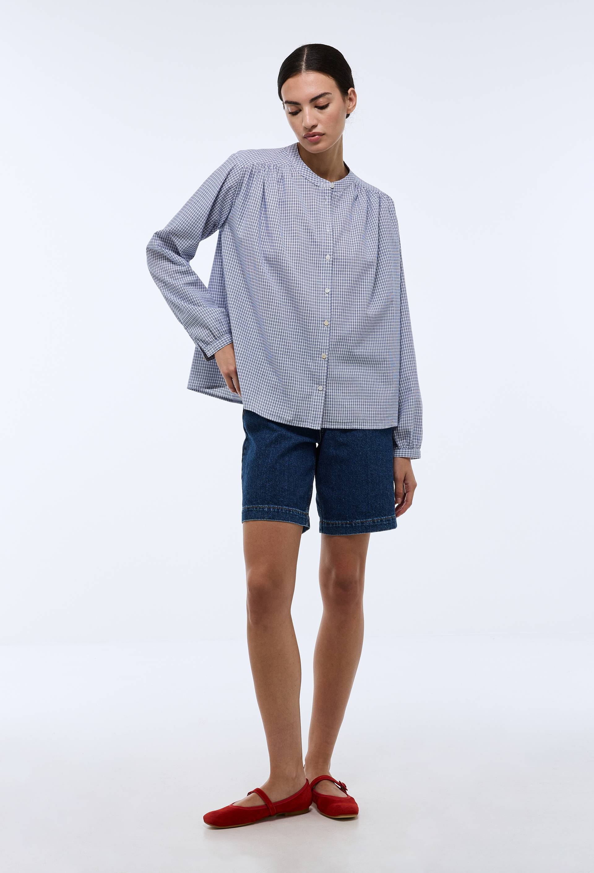 Blouse manches longues &agrave; carreaux en coton BIO GOTS, Blanc, large image number 0