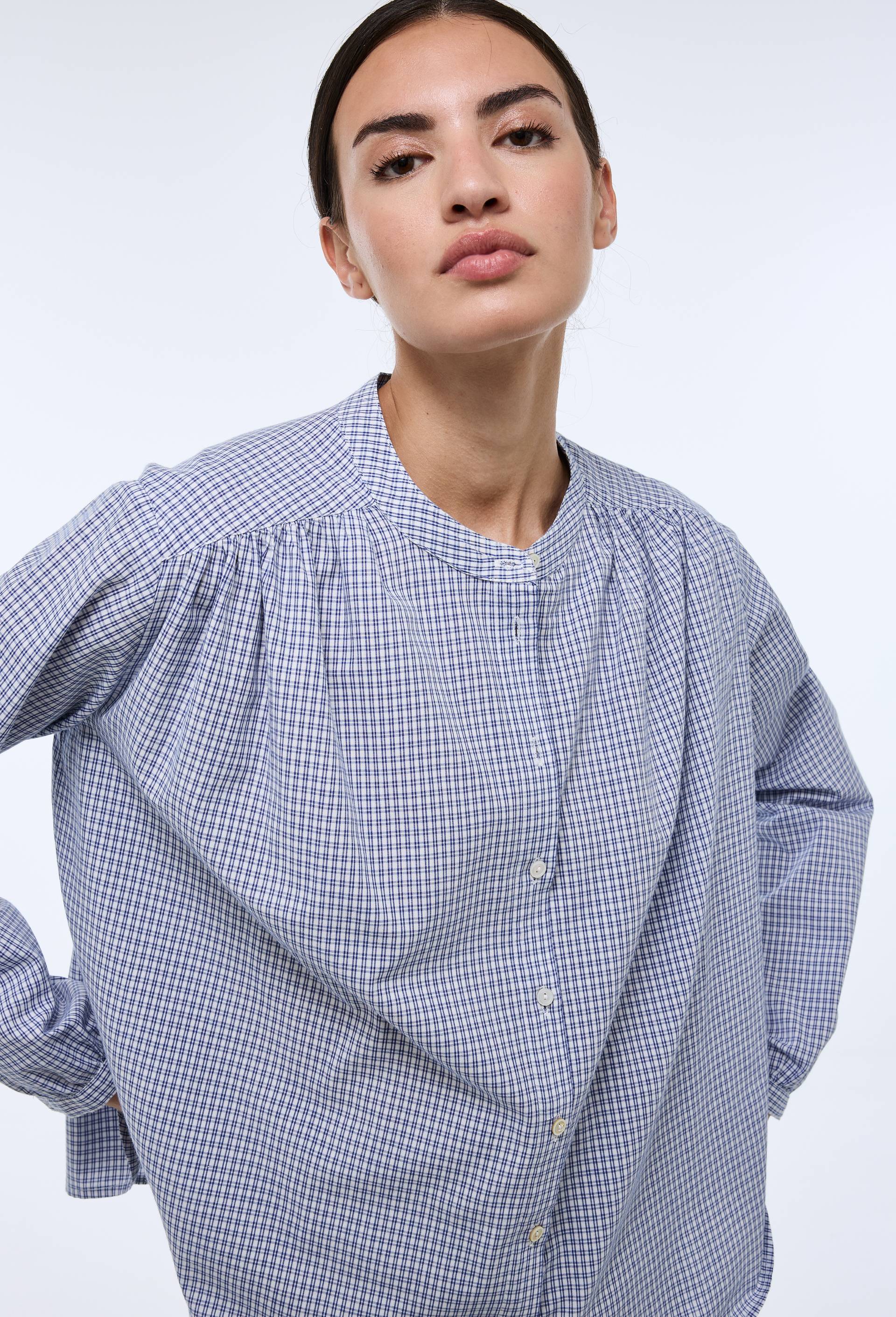 Blouse manches longues &agrave; carreaux en coton BIO GOTS, Blanc, large image number 1.0