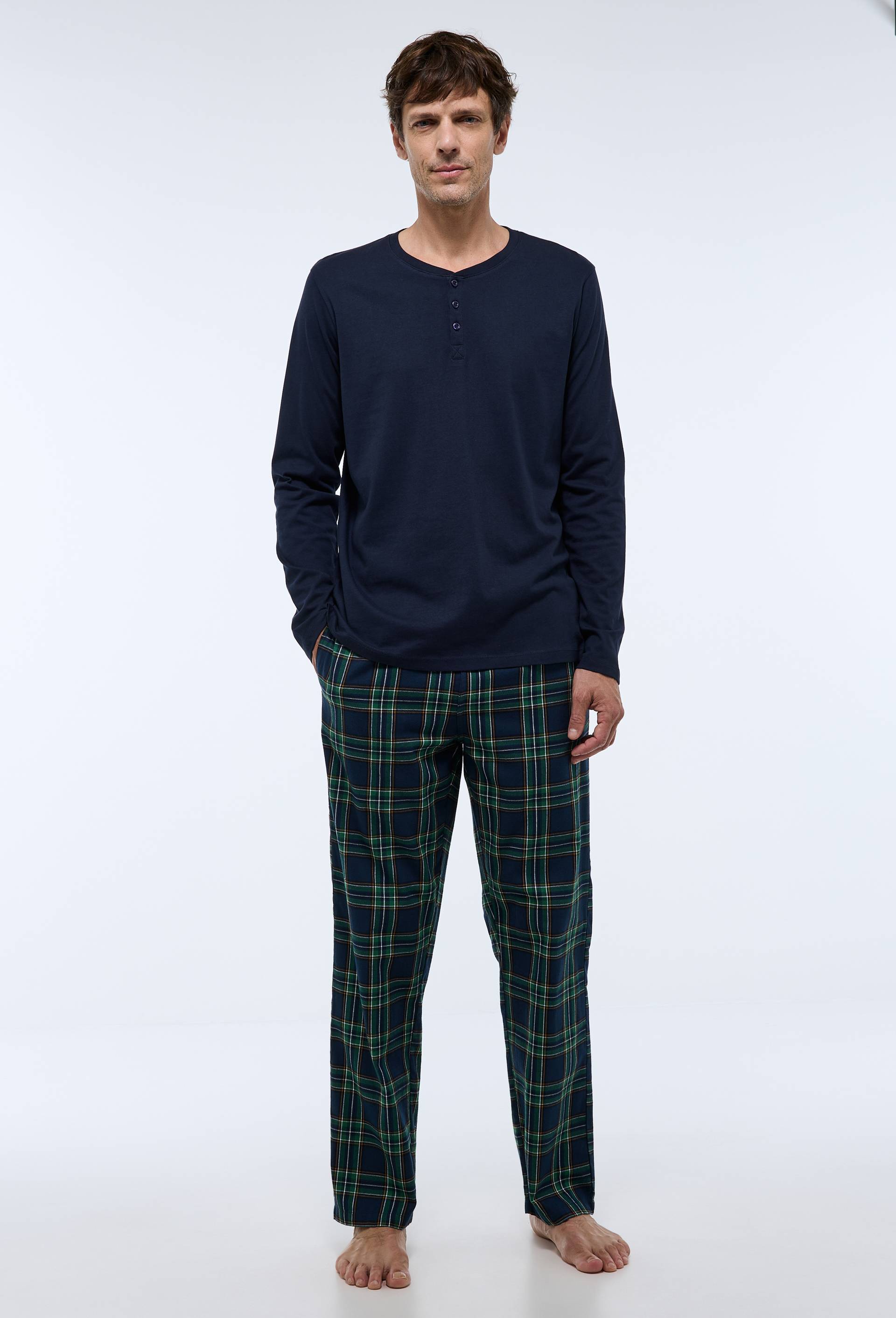 Pyjama manches longues en jersey et pantalon en flanelle en coton BIO GOTS., Vert fonc&eacute;, large image number 0