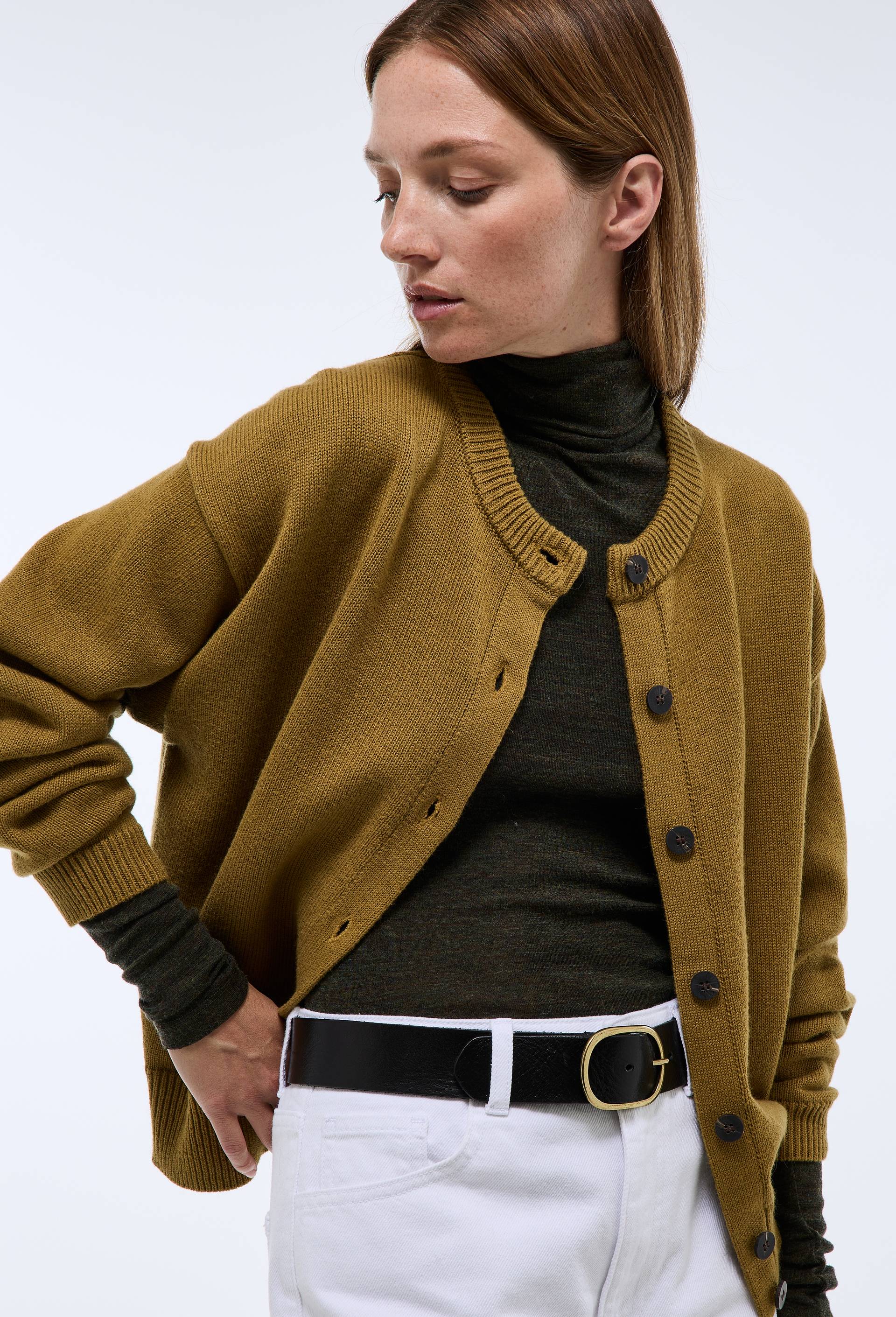Cardigan manches longues contenant de la laine et du coton, Jaune fonc&eacute;, large image number 0