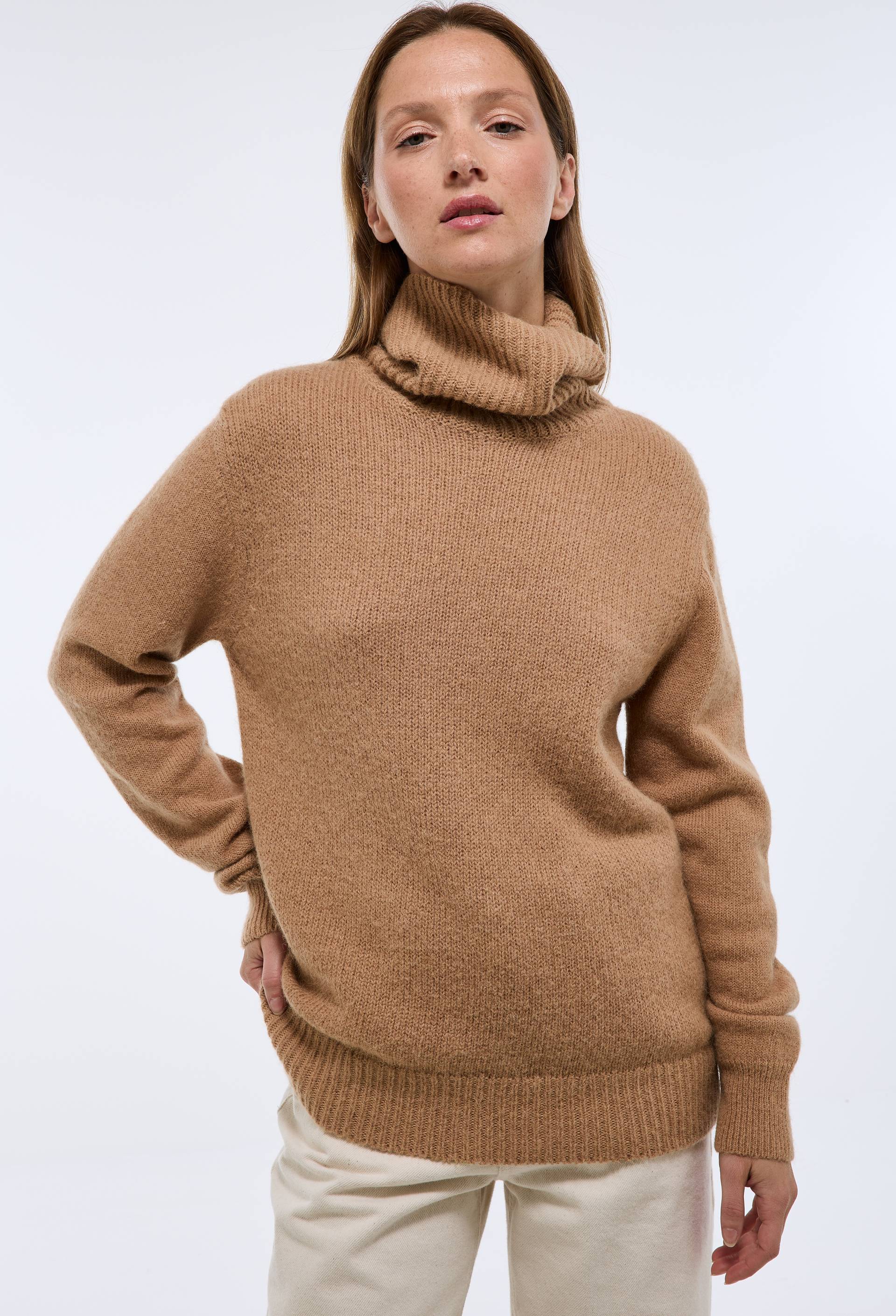 Pull col roul&eacute; uni contenant de l'alpaga, Beige, large image number 0