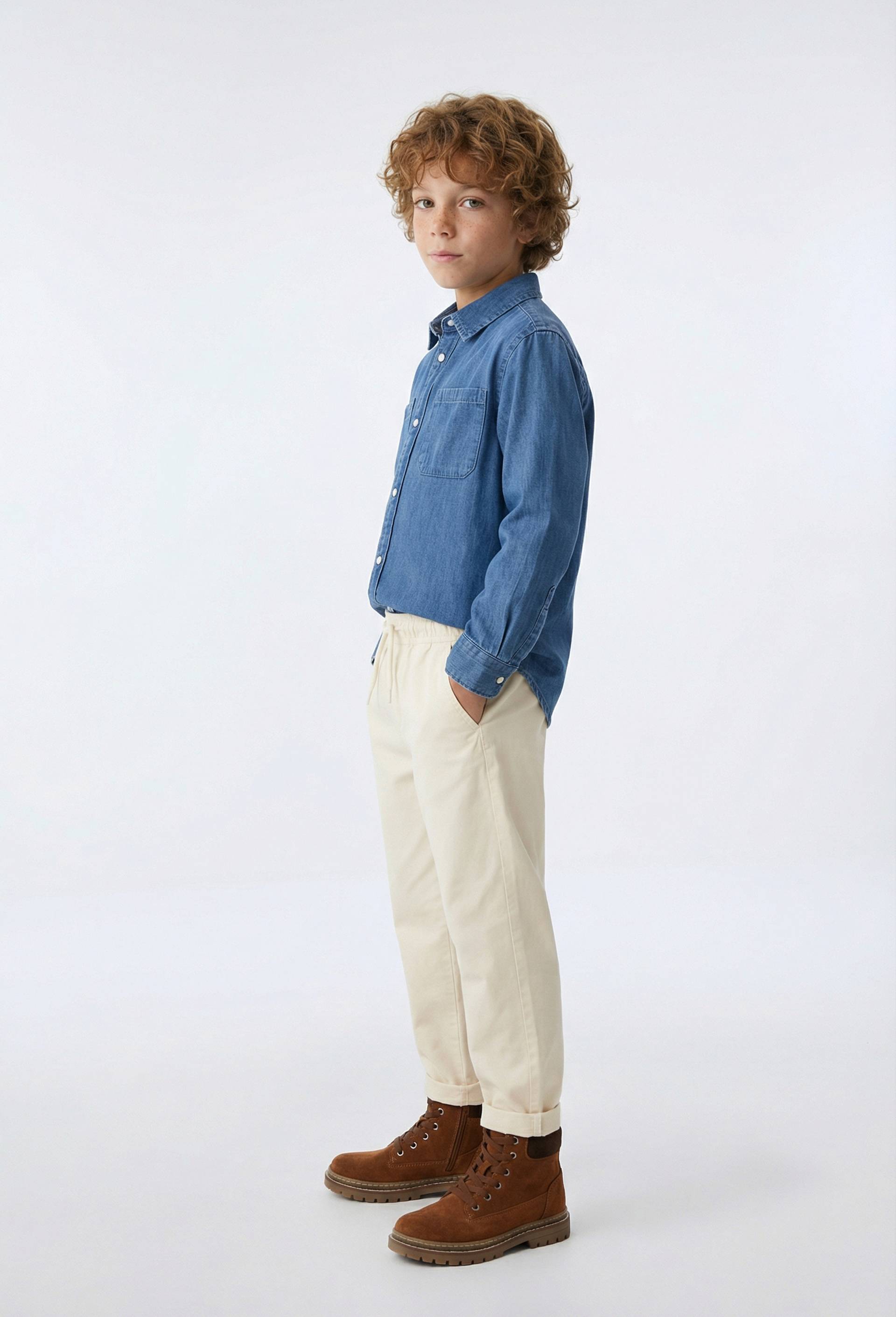 Pantalon droit taille &eacute;lastiqu&eacute;e en coton, Ecru, large image number 0