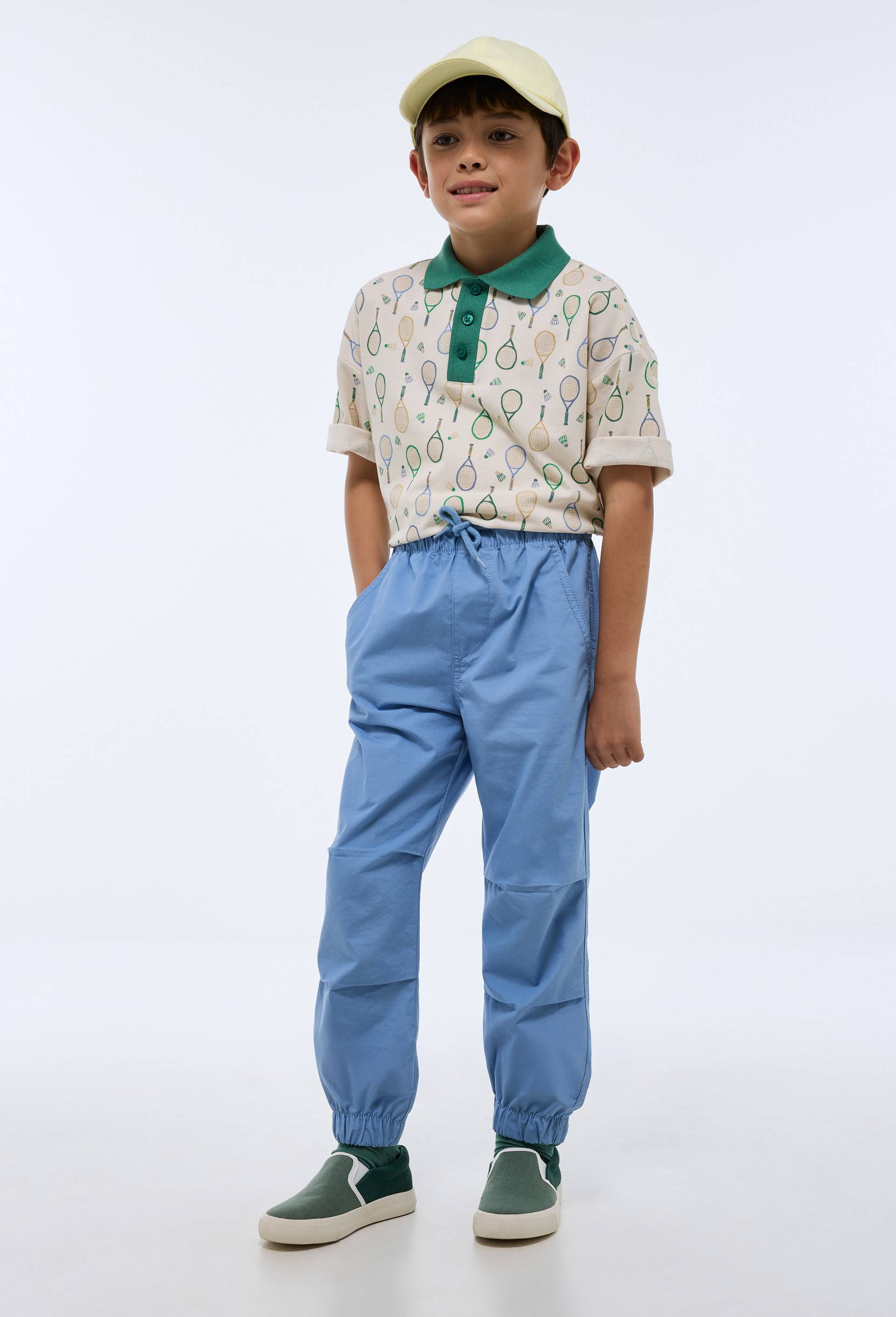 Pantalon large taille &eacute;lastiqu&eacute;e en coton, Bleu, large image number 0