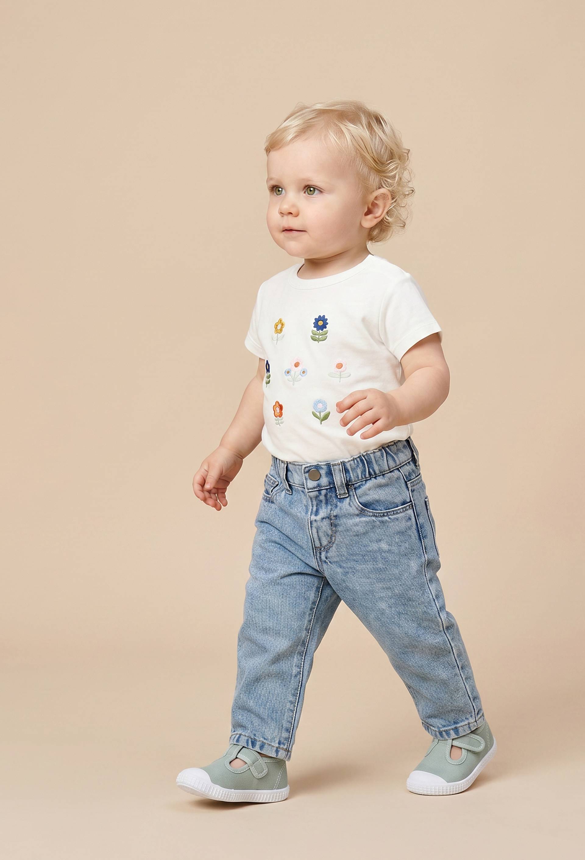 Jean droit taille &eacute;lastique uni en coton, Bleu clair, swatch image