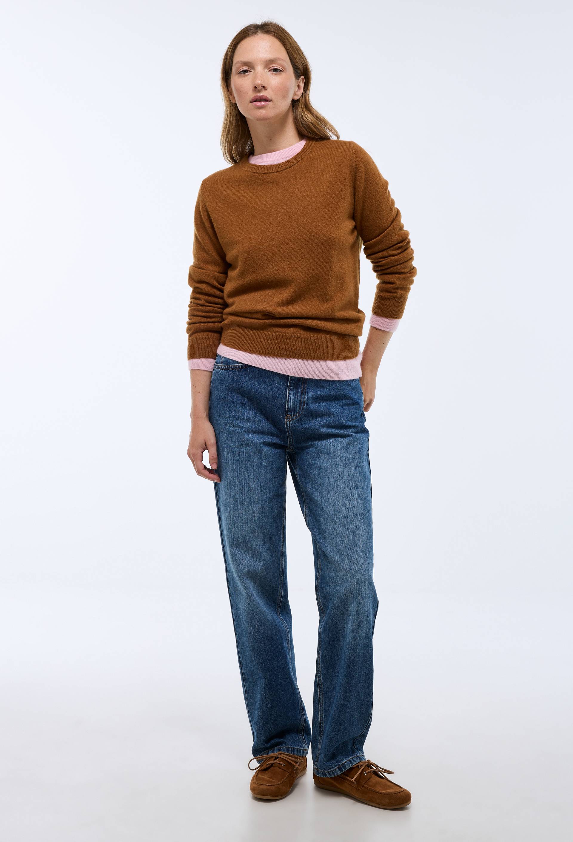 Pull uni col rond en 100% cachemire, Brun clair, large image number 0