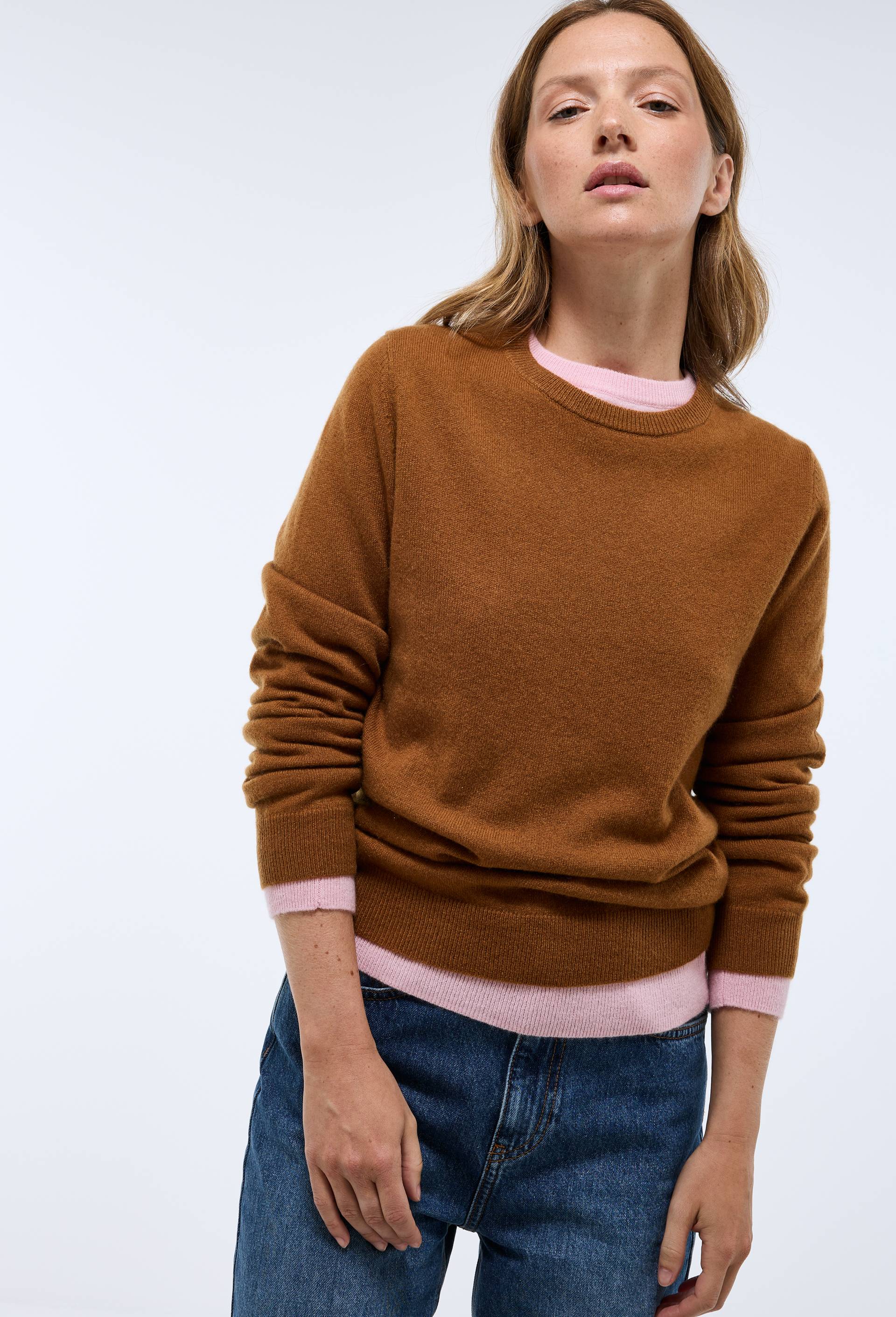 Pull uni col rond en 100% cachemire, Brun clair, large image number 1