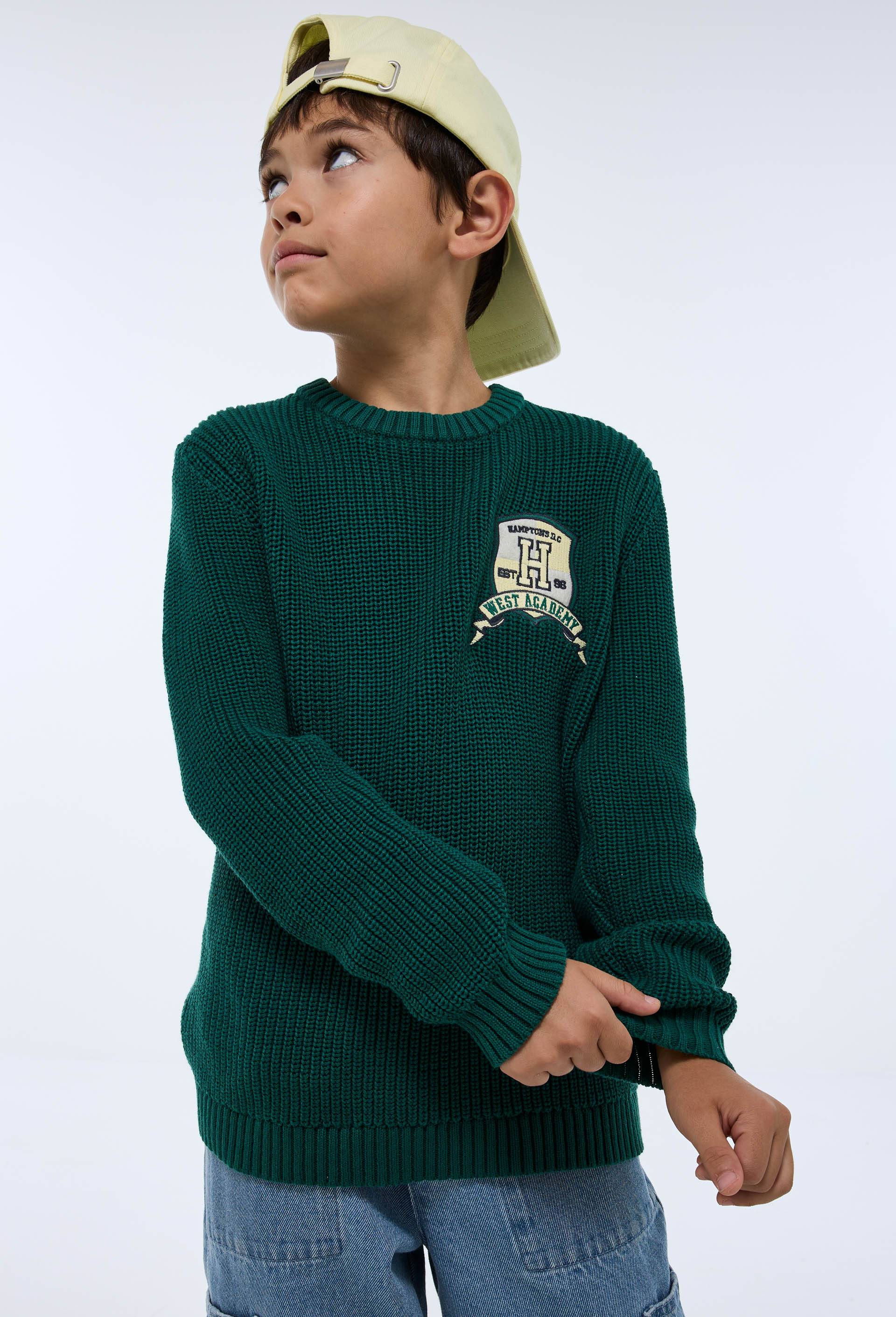 Pull col rond avec patch contenant du coton, Vert fonc&eacute;, swatch image