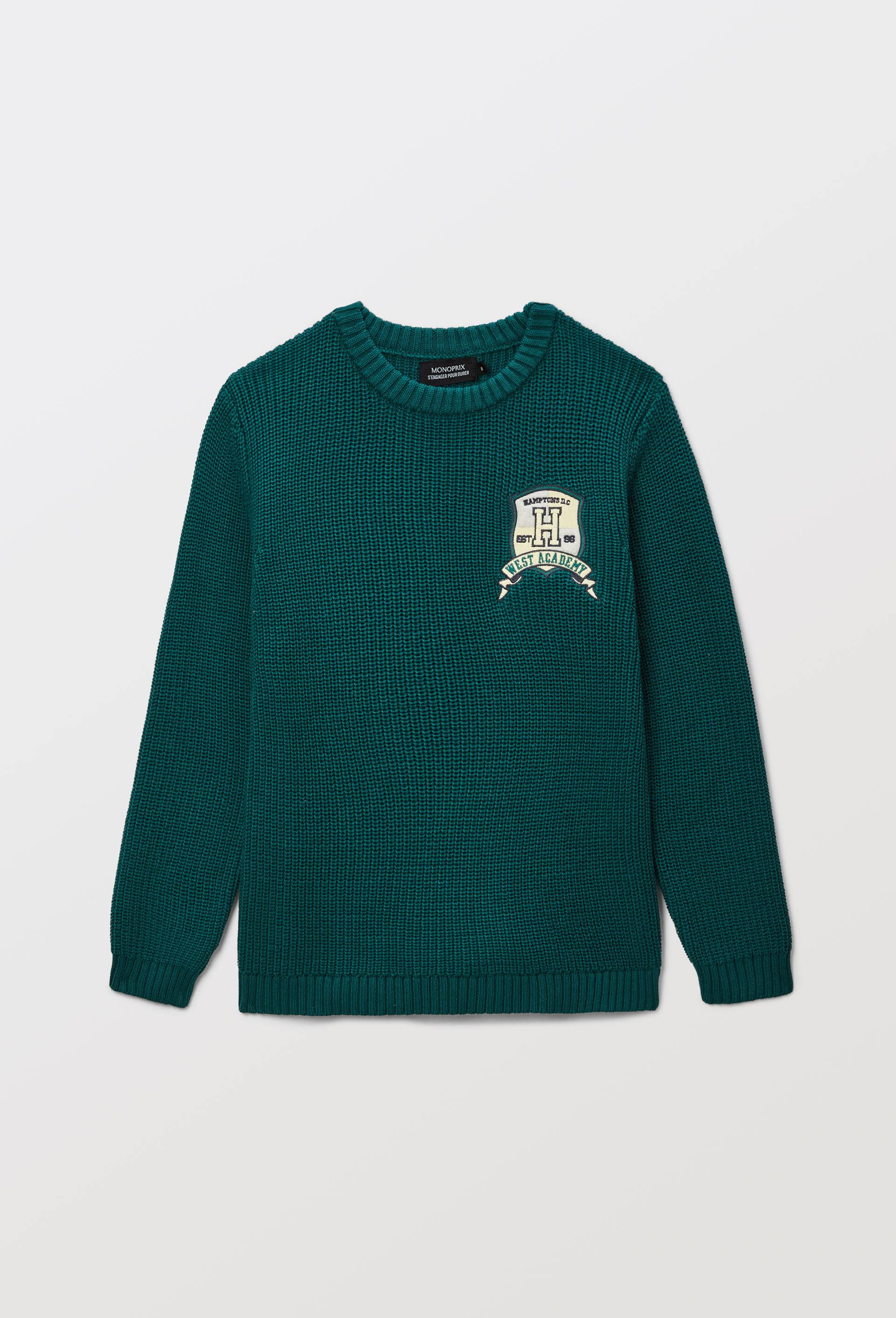Pull col rond avec patch contenant du coton, Vert fonc&eacute;, large image number 1