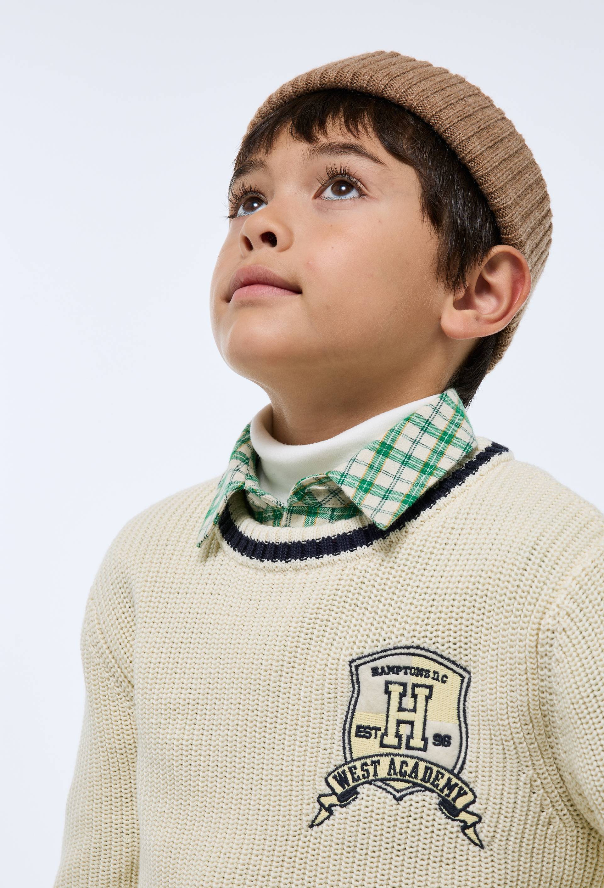 Pull col rond avec patch contenant du coton, Ecru, large image number 1.0