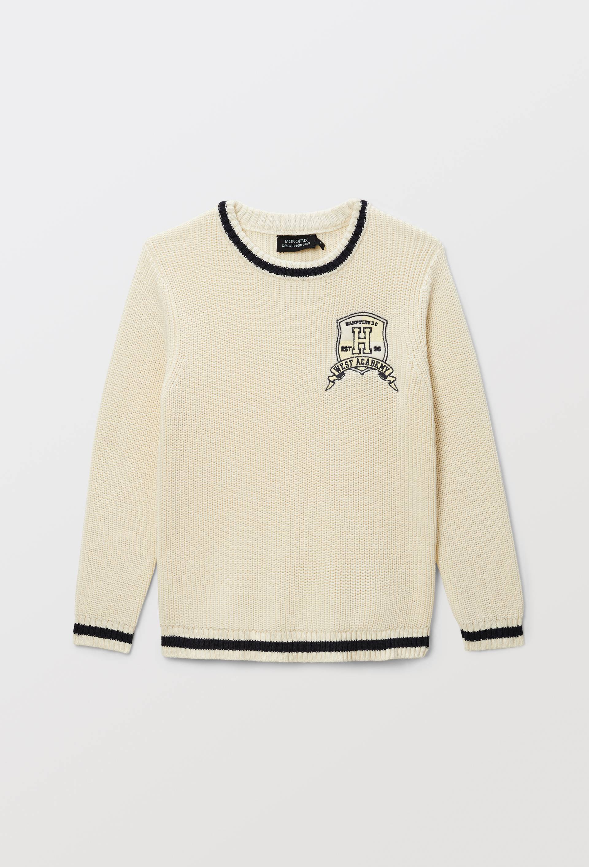 Pull col rond avec patch contenant du coton, Ecru, large image number 3.0