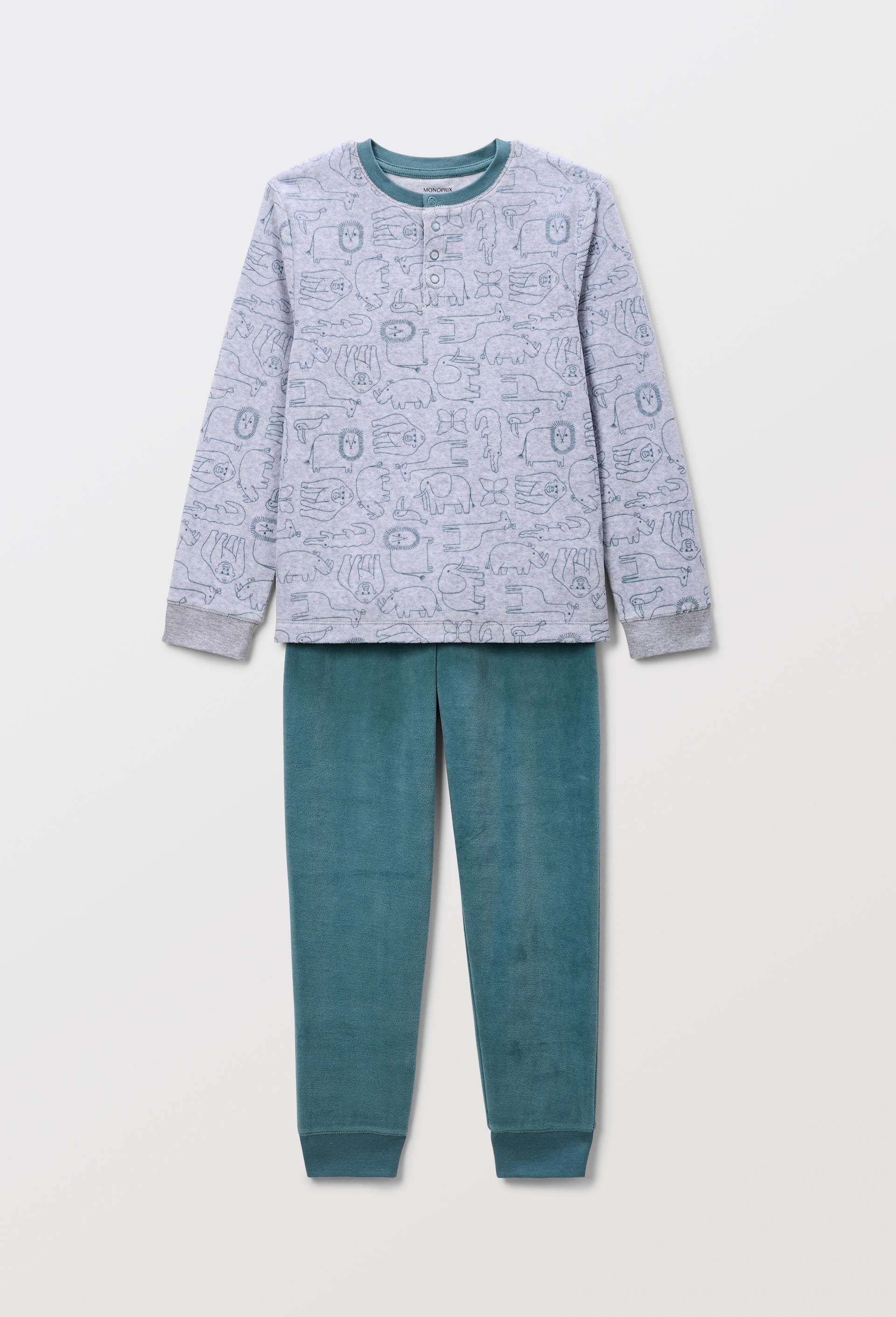 Pyjama velours manches longues imprim&eacute; contient du coton BIO GOTS, Vert, large image number 0