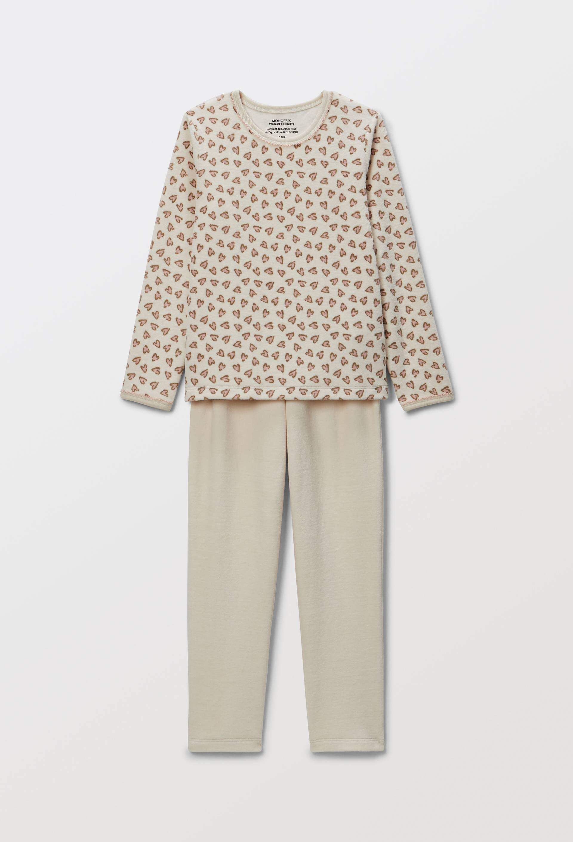 Pyjama velours manches longues en coton BIO GOTS, Beige clair, large image number 0