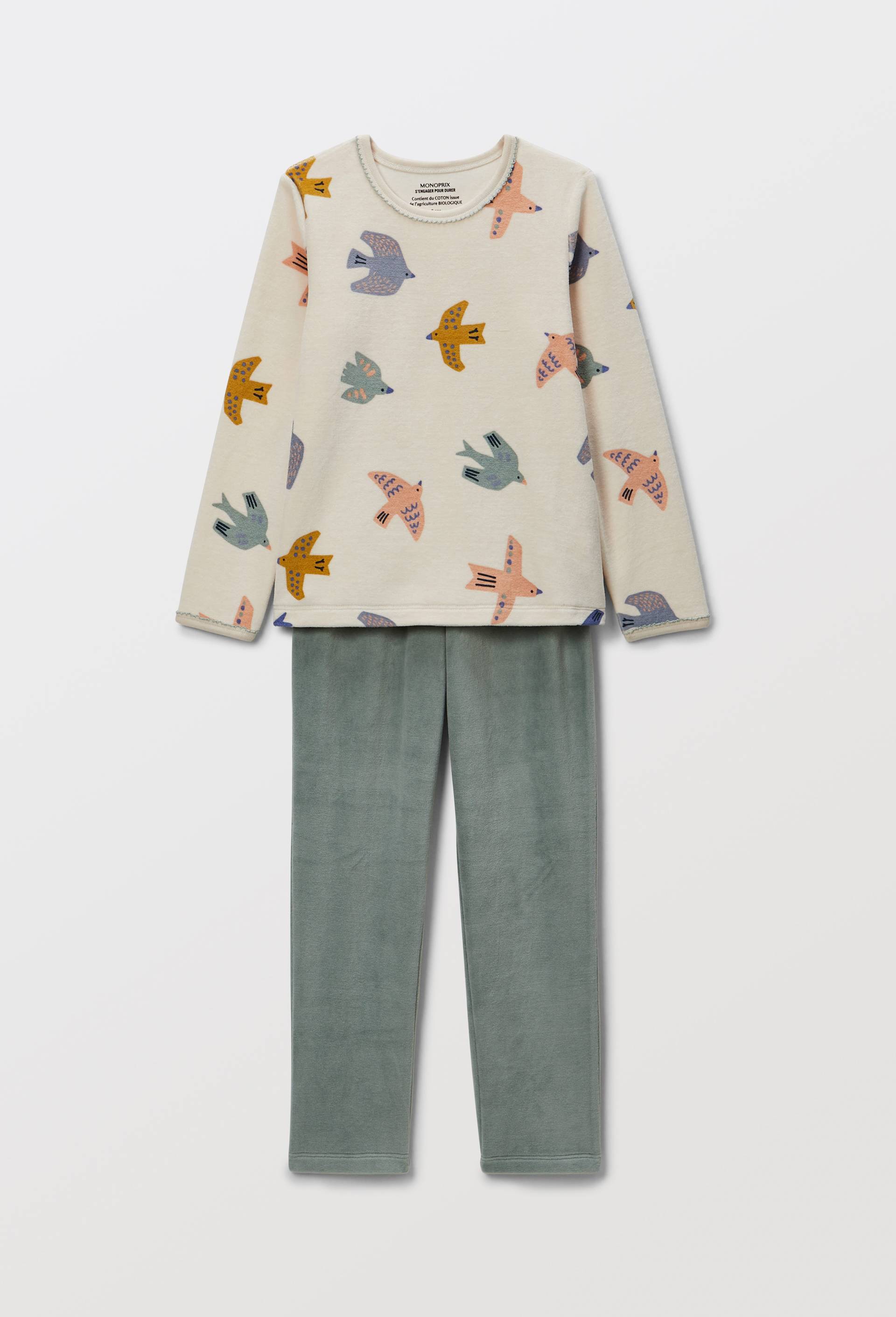 Pyjama velours manches longues imprim&eacute; en coton BIO GOTS, Beige clair, large image number 0