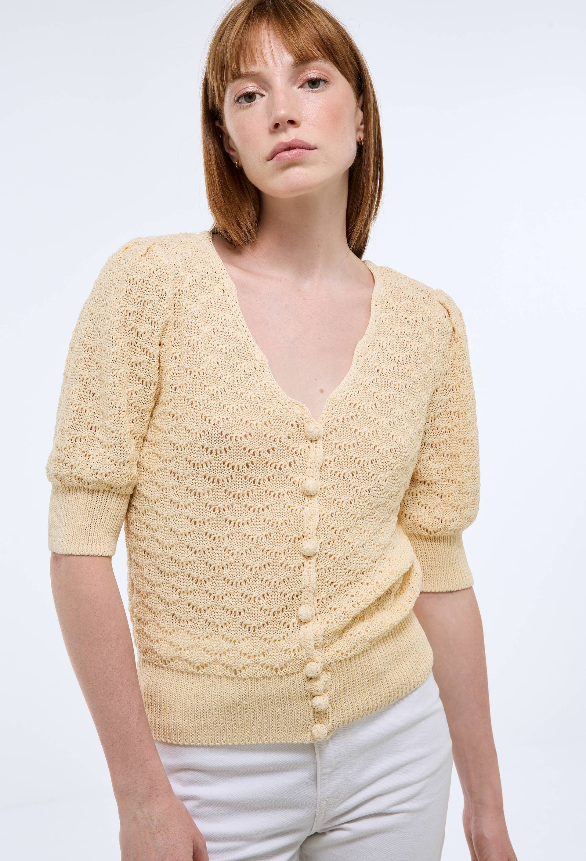 Top manches coudes en maille fantaisie, Jaune clair, large image number 0