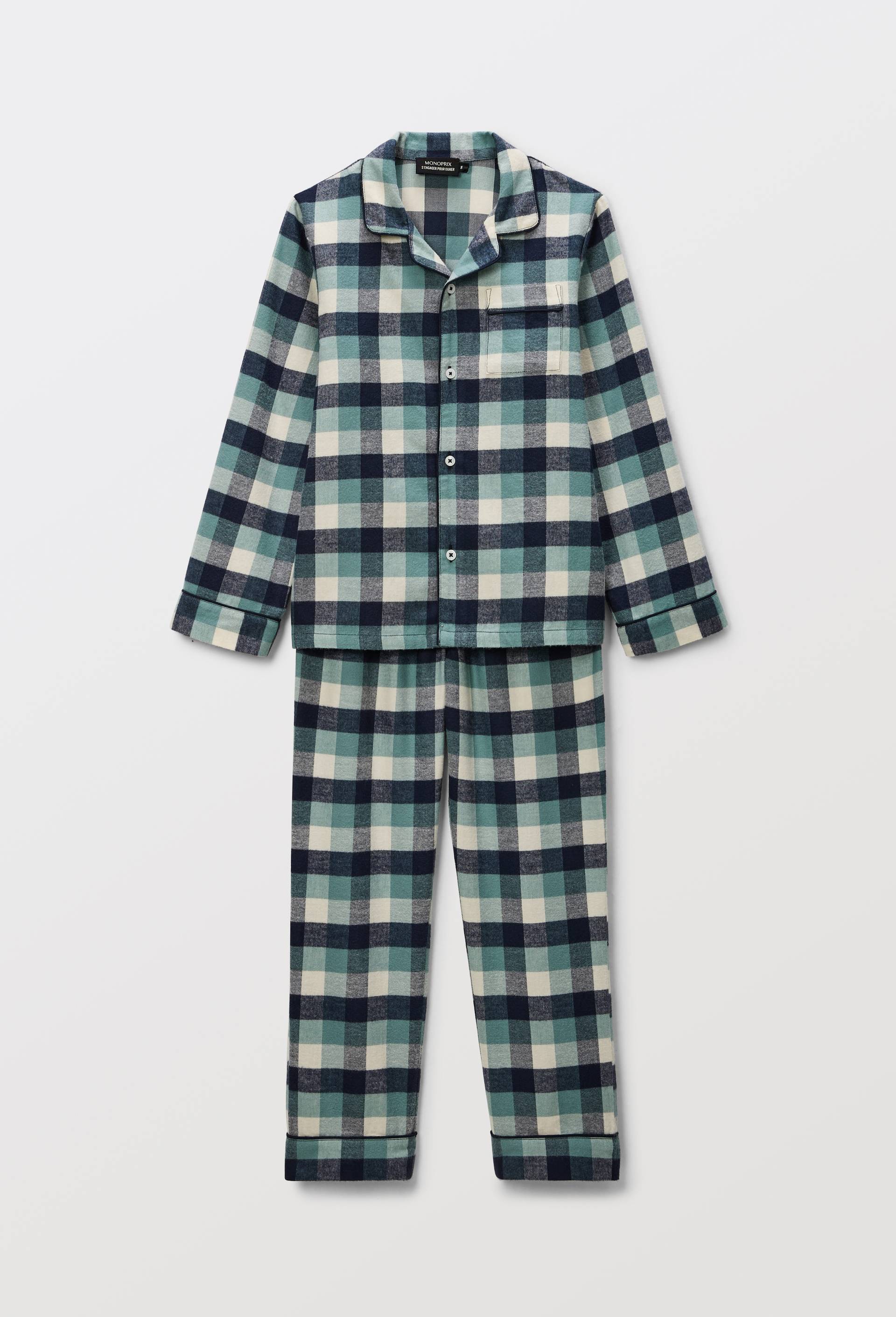 Pyjama Garçon Manches Longues – Motif Tartan, Poches Et Cordon Ajustable – Tailles 6 à 16 Ans