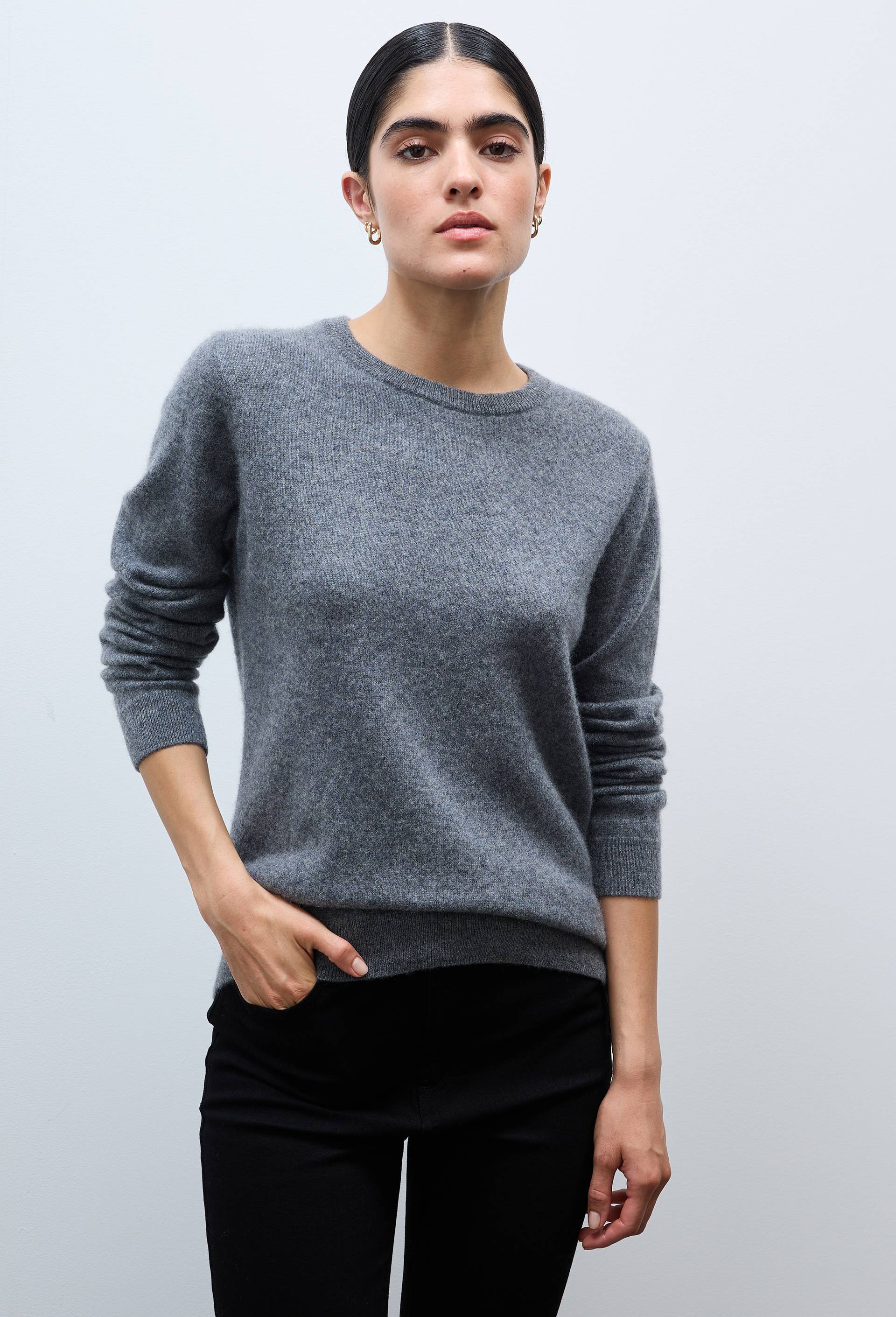 Pull uni col rond en 100% cachemire, Gris, large image number 0.0