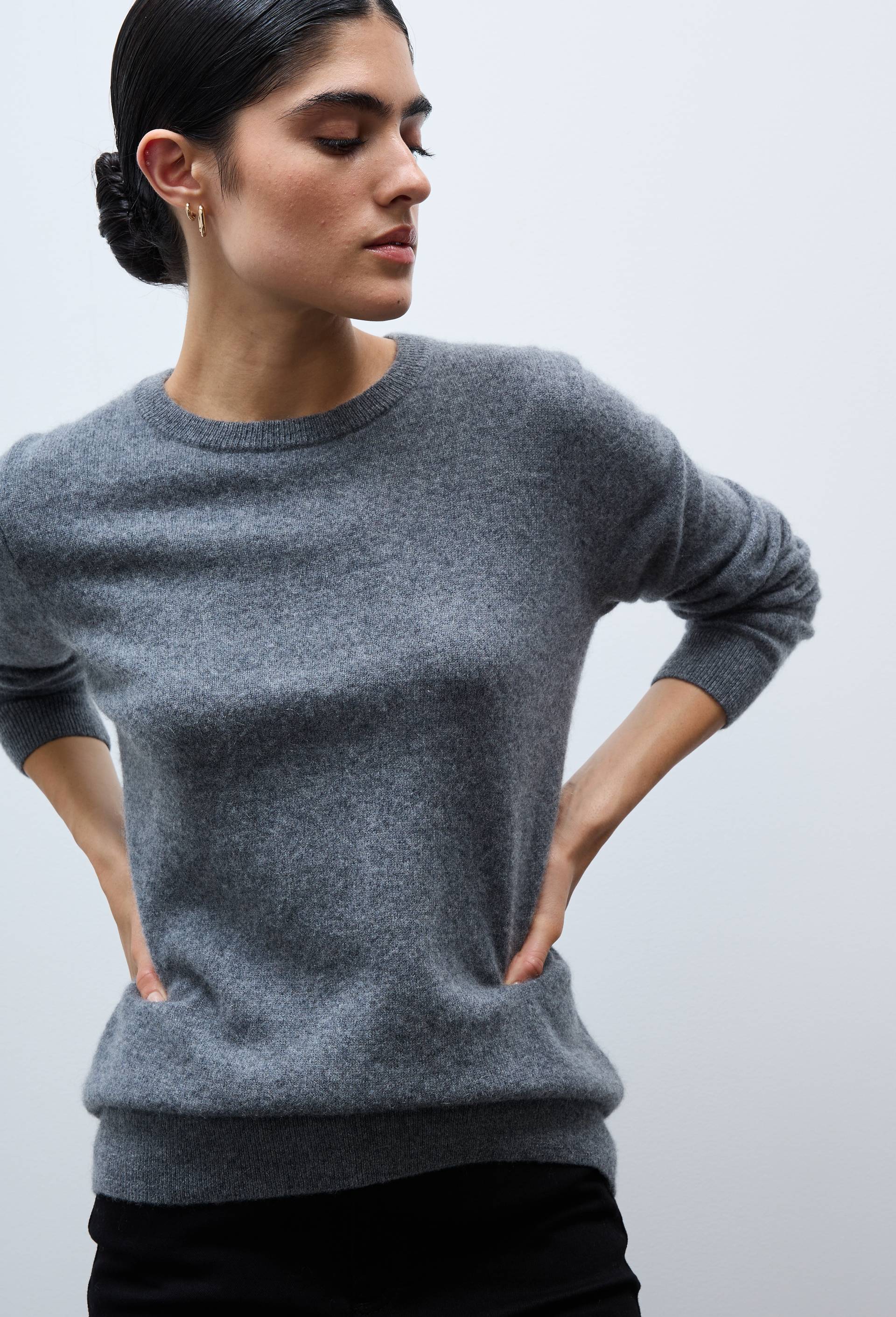 Pull uni col rond en 100% cachemire, Gris, large image number 1