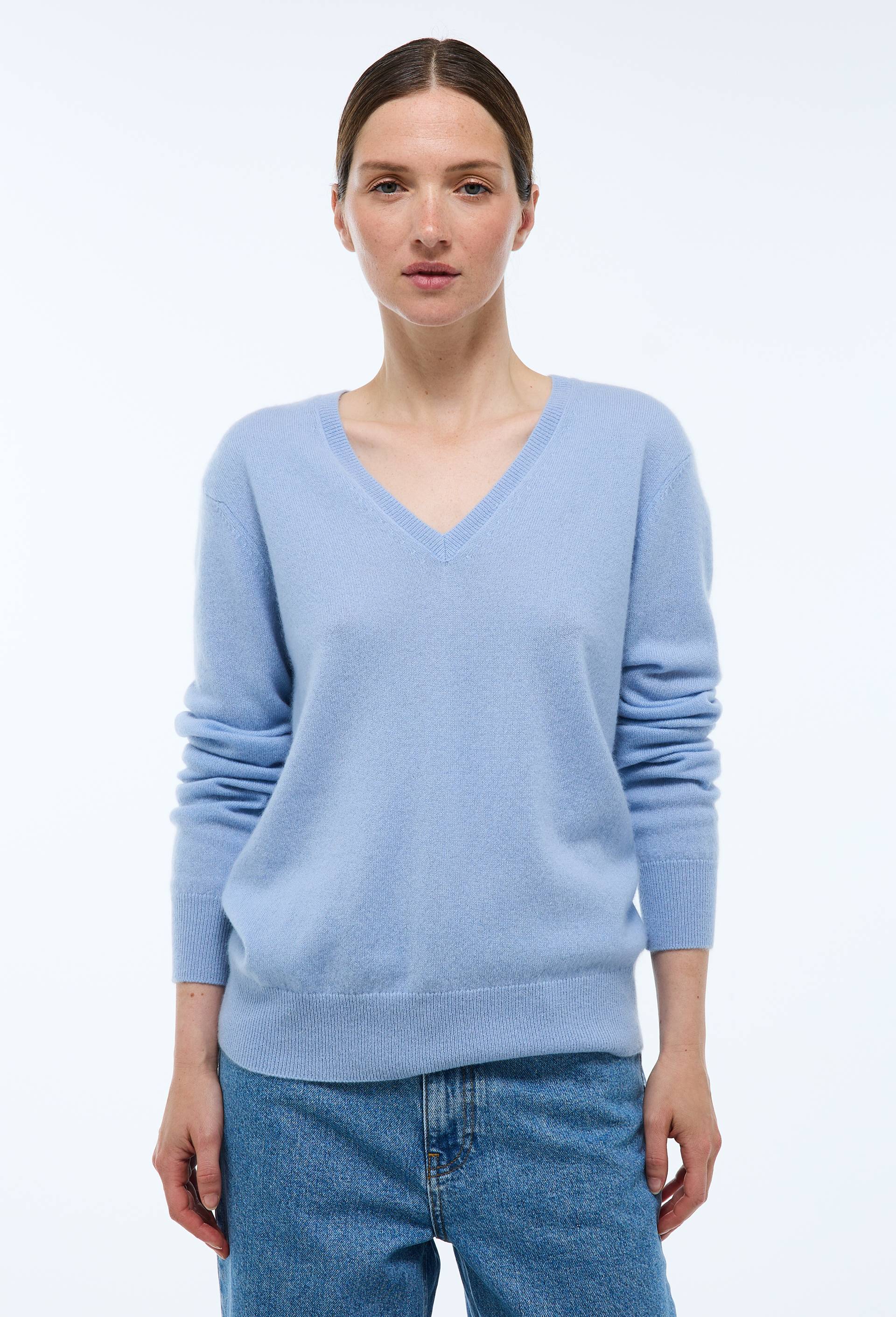 Pull uni col V en 100% cachemire, Bleu clair, large image number 0