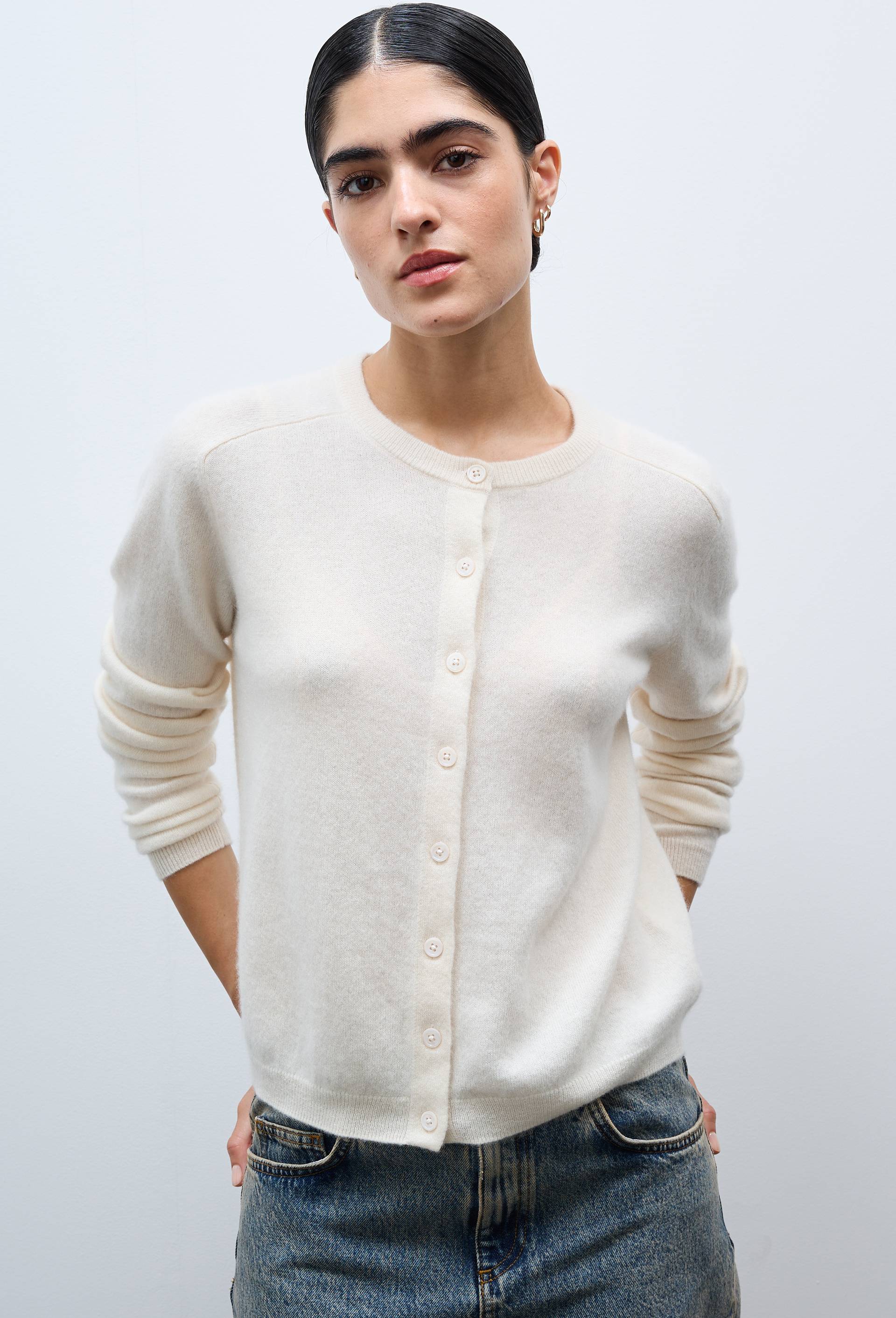 Cardigan uni col rond en 100% cachemire, Ecru, large image number 0.0